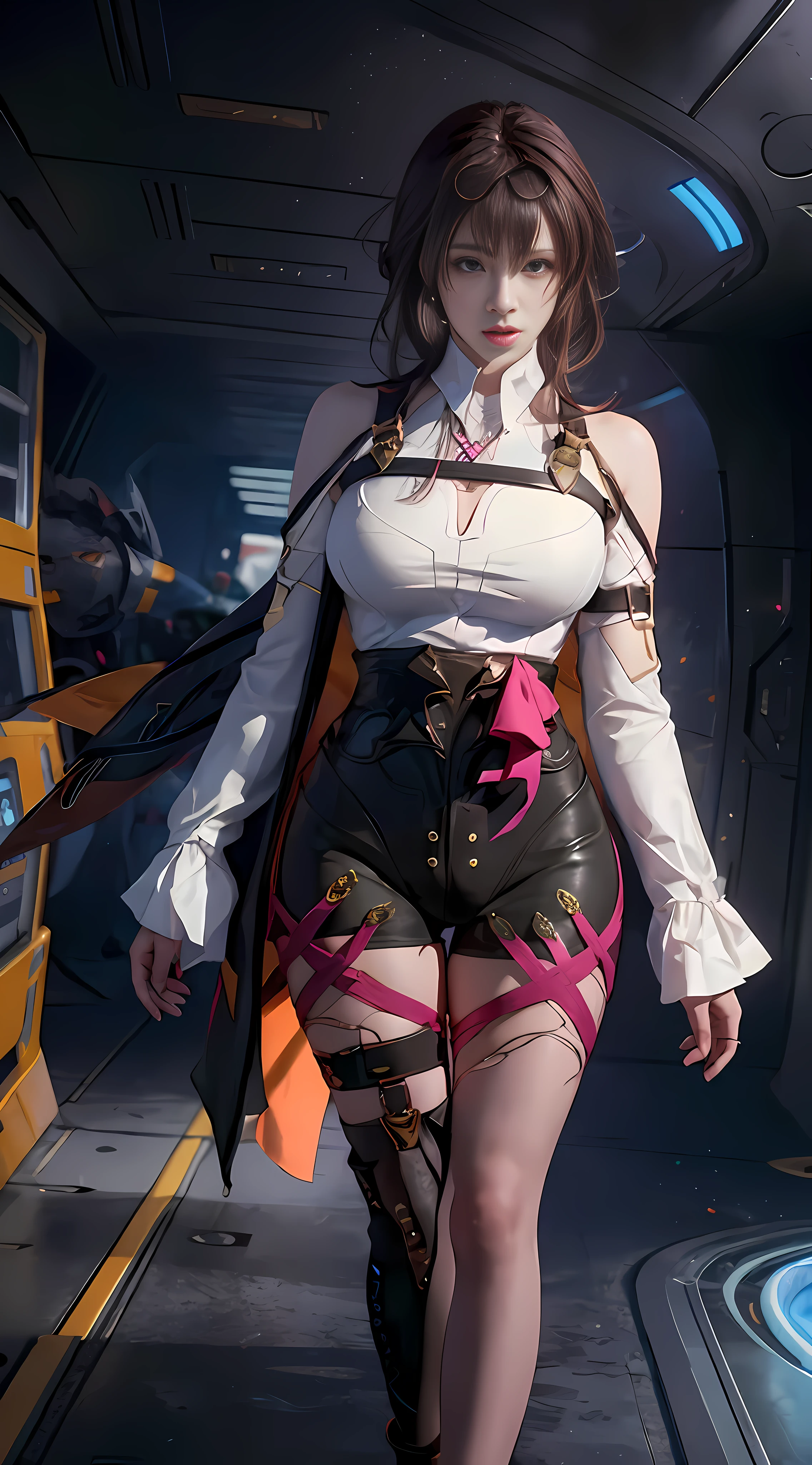 Unreal Engine 5 Realistic Rendering, wearing cosplay from Honkai Star Rail, Honkai Star Rail, game character, cosplayer, walking down hallway of futuristic space station, beautiful face, makeup, top body is hyper realistic thicc muscle and hyper largest_breasts!! with the type of boobs_melons, lower is huge buttocks, jealous, highres, highres, 1080P, UHD, masterpiece, bokeh,