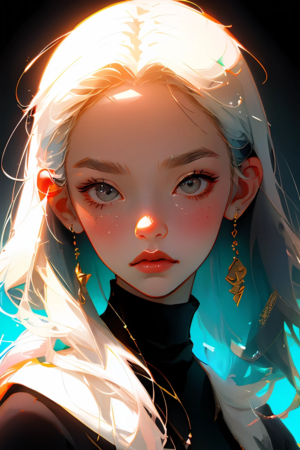 (closeup on face:1.3),Close-up of avatar,City girl,black turtleneck,Black Bobo hair style,Sophisticated and minimalist accessories,High cooling temperament,trend,modern,Warm background,Black and white fluorescent color,flat style,Maximalism,flat illustration,Ichiro Tsuruta style,