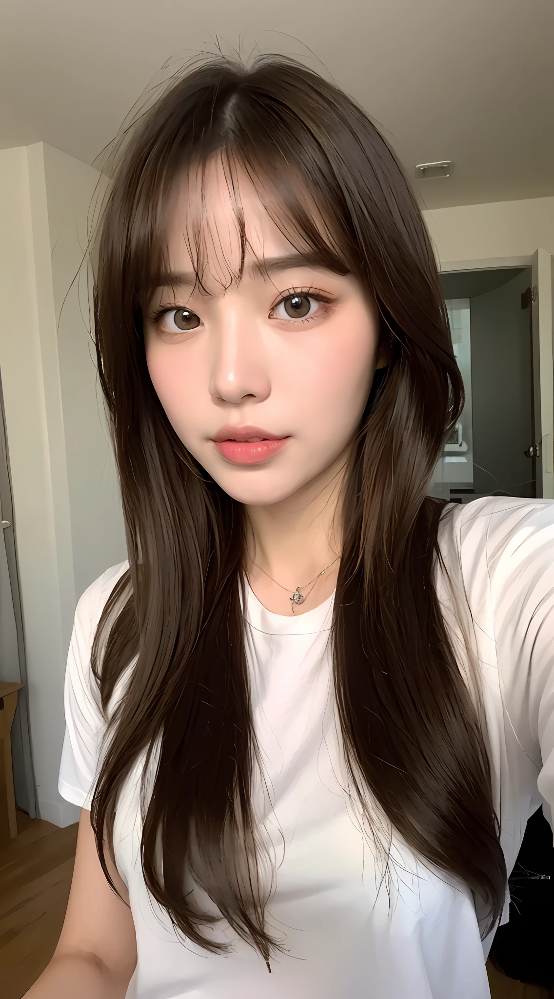 ((Realistic Lighting、best qualit、8K、MASTERPIECE:1.3))、Clear Focus:1.2、1女の子、perfect figure:1.4、((dark brown hair))、inside room、super fine face、Double eyelidd、Long、T‐shirt、anus selfie、Fair Skin、bangs、Realstic、(MASTERPIECE:1.4)、(best qualit:1.4)、(Glossy skin)、fashionGirl、makeups、Sorrisos(Skinny、Mouth closure、m shy:1.3)、slong hair、(Round Face:1.5)、Ultra Detailed Face, Highly detailed lips, detailled eyes, Thin eyebrows