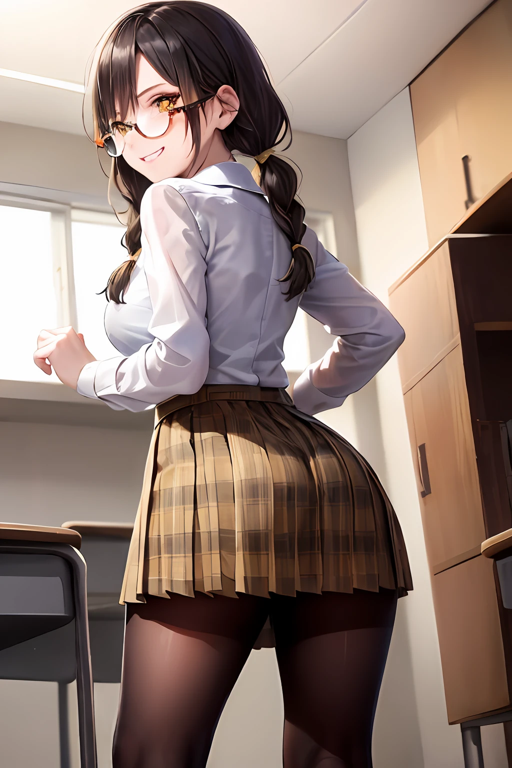glasses、braid hair、Pigtails hair、detailled eyes、Black eyes、Showing your back、standing a、A evil smile、Evil smile、slong hair、Plaid pleated skirt、Yellow miniskirt、Black hair、Camisa blanca、White Y-shirt、thin thighs、Black Pantyhose、Black stockings、Black tights、school classroom、evening