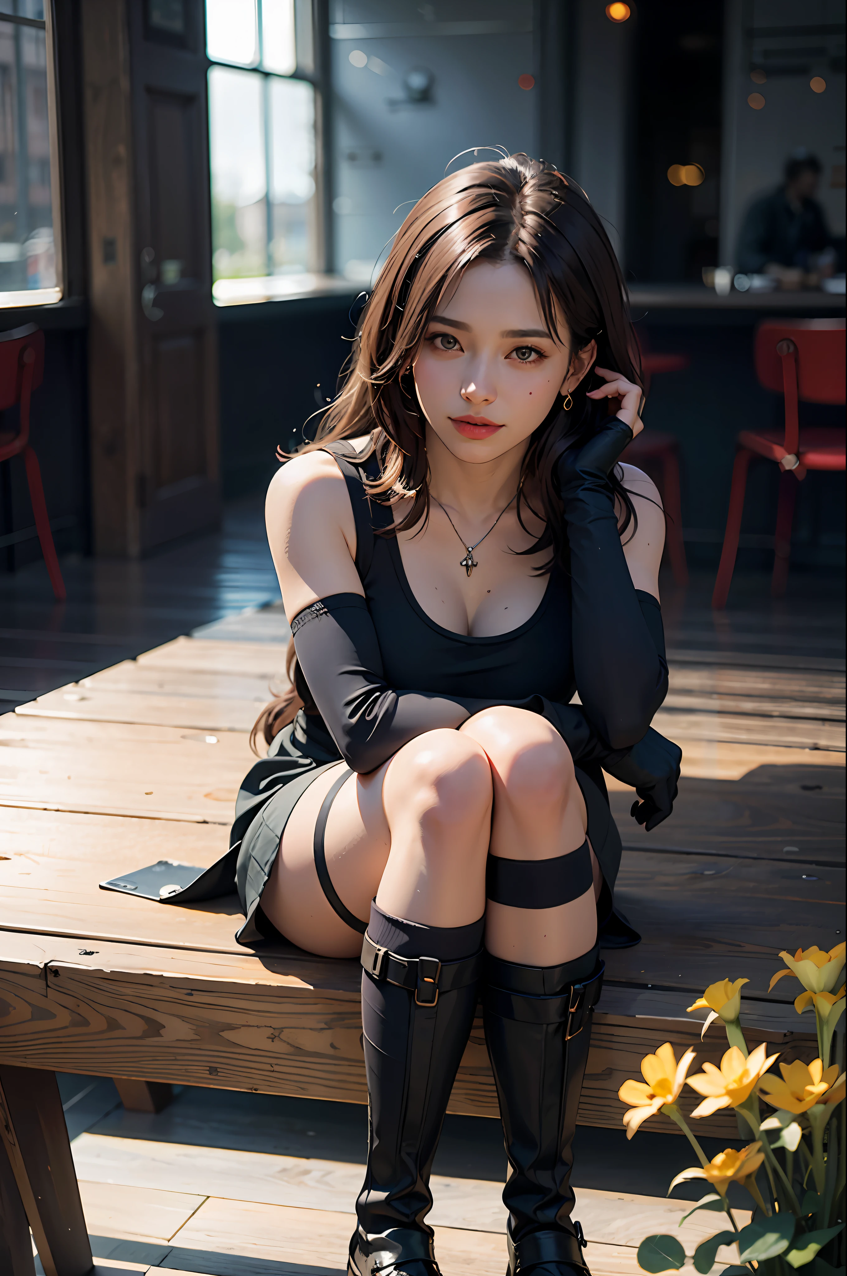 (8K, Top Quality, Masterpiece: 1.2), (Realistic, Photorealistic: 1.37), Ultra HD, Final Fantasy VII Remake's Tifa Lockhart sitting on a date in a highly detailed café in a cityscape A detailed portrait with beautiful detailed eyes and a blushing nose that makes you look cute and solo. She wears single elbow pads, ankle boots, a black skirt, black thigh-highs, red boots, and elbow gloves, elbow pads, and fingerless gloves. Her outfit includes a sports bra, suspender skirt, thigh highs, and a white tank top. The full body is visible with the head resting on the hand, revealing a pretty face, long hair tied low, and lips. The scene is lit with professional lighting, photon mapping and radiosity, creating a cyberfuturistic atmosphere in the style of Tetsuya Nomura. The background features yellow flowers and a bokeh effect. Tifa smiled a little and closed her mouth.