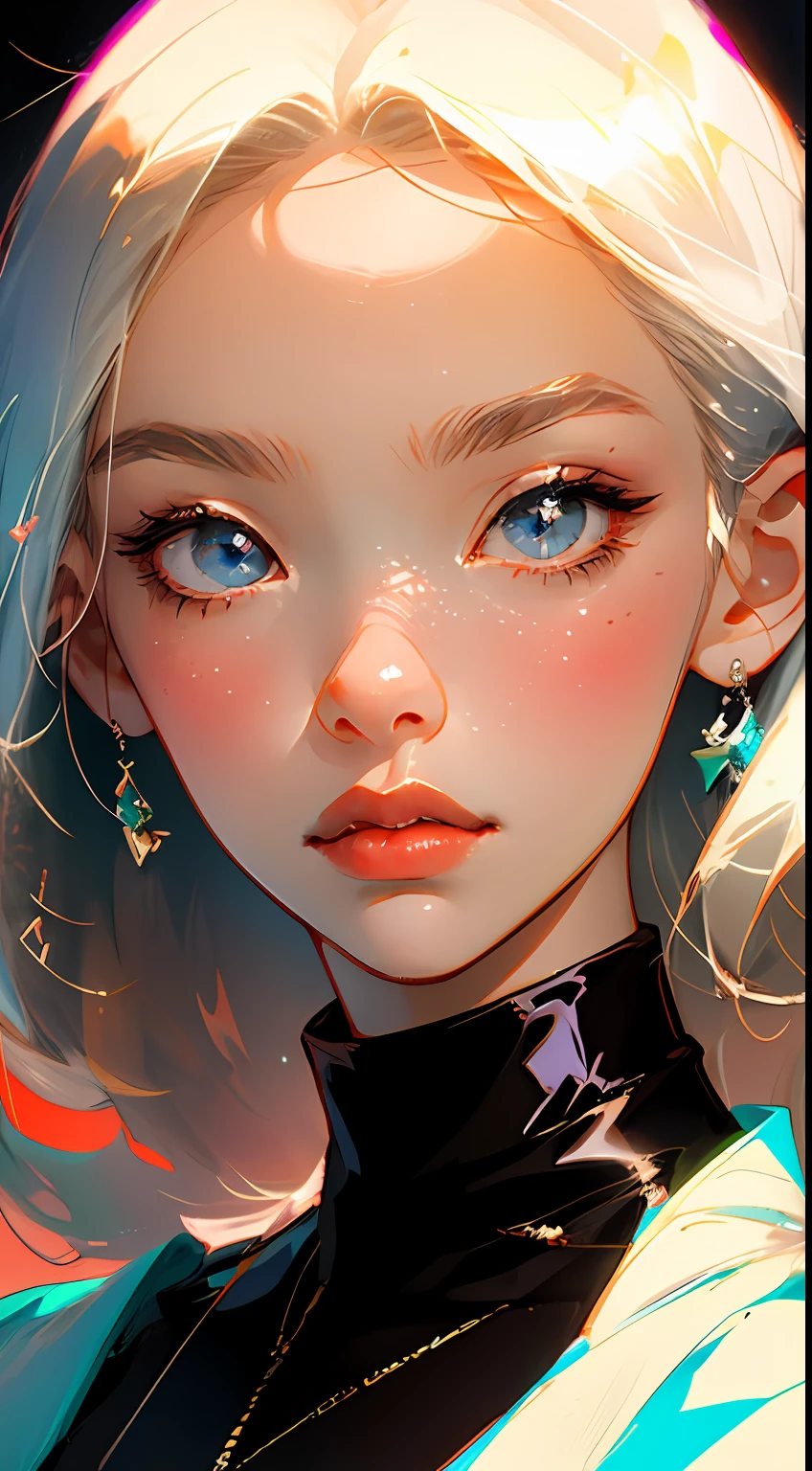(closeup on face:1.3),Close-up of avatar,City girl,black turtleneck,Black Bobo hair,Sophisticated and minimalist accessories,High cooling temperament,trend,modern,Warm shimmer background,flat style,Maximalism,flat illustration(Important vocabulary),Ichiro Tsuruta style,Cinematic texture