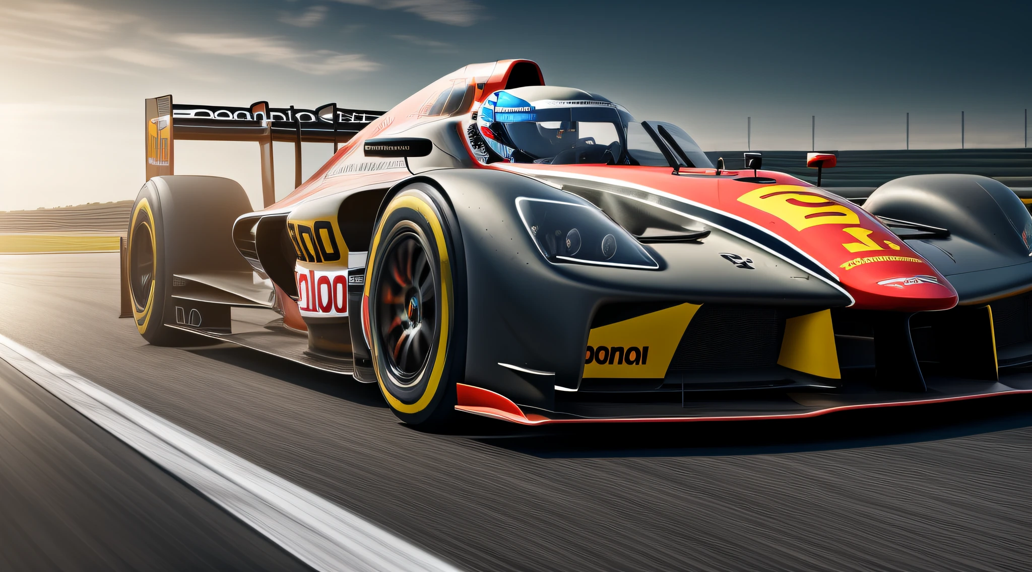 Create a hyper-realistic 8K masterpiece capturing the raw power and intricacy of an Indy race car. The composition should highlight the sleek lines and aerodynamic features of the vehicle. Use dramatic lighting to enhance the dynamic nature of the scene. The car should be captured in action, speeding on a racetrack, with motion blur emphasizing its speed. Pay attention to every intrinsic detail, from the reflections on the car's surface to the texture of the tires. The final image should be in high definition, showcasing the car's craftsmanship and evoking a sense of adrenaline and excitement.
