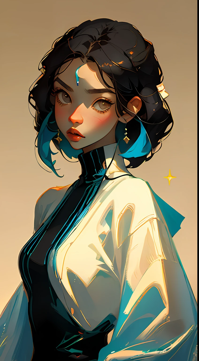 Close-up of avatar,black turtleneck,Black Bobo hair,Sophisticated and minimalist accessories,High cooling temperament,modern,Warm shimmer background,flat style,Maximalism,flat illustration（Important vocabulary）（Important vocabulary）,Ichiro Tsuruta style,Cinematic texture