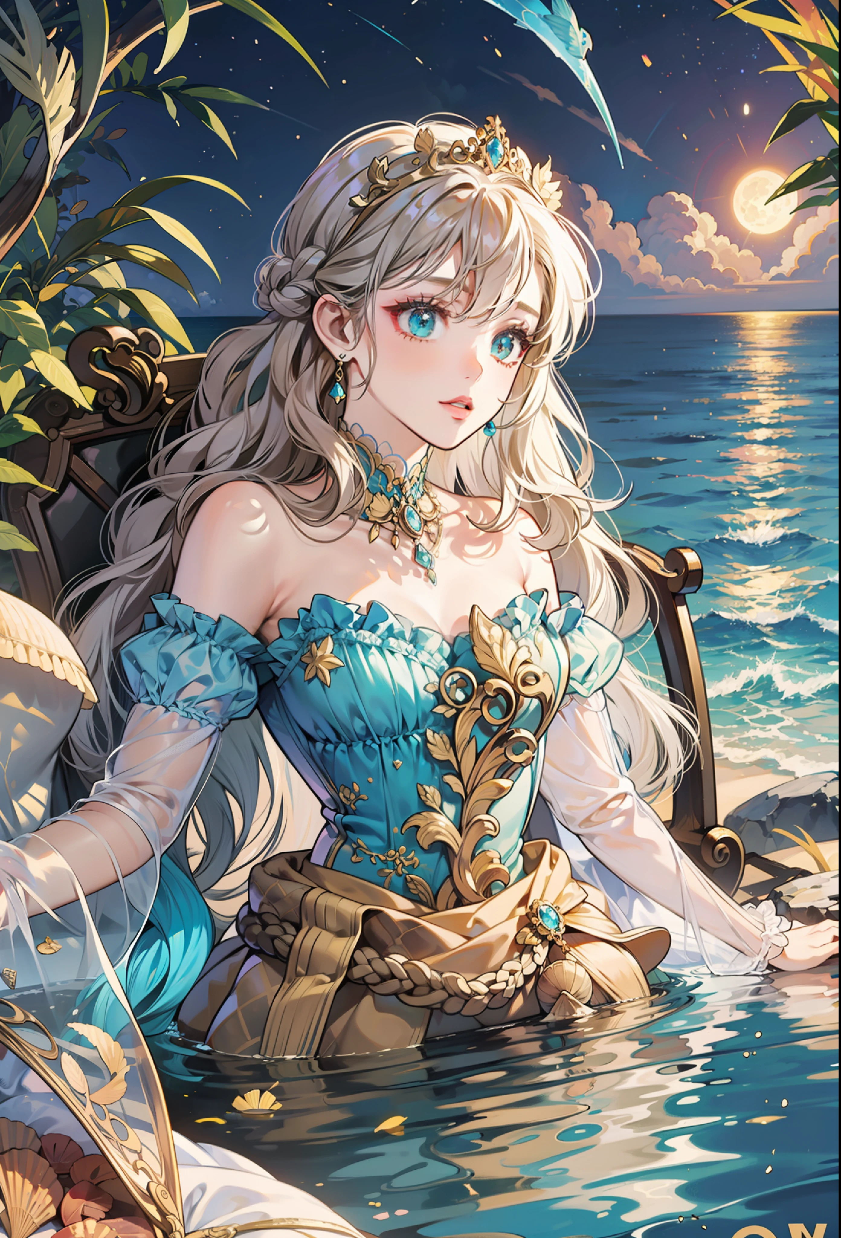 sea water，the rock，the moon，early evening，Golden scaled fish tail，Long aqua blue curly hair，diadem，Golden eyes，Seashells，medium chest，gray skin，8k，beautiful，the best quality t，beautiful，desktop wallpaper，gal girl