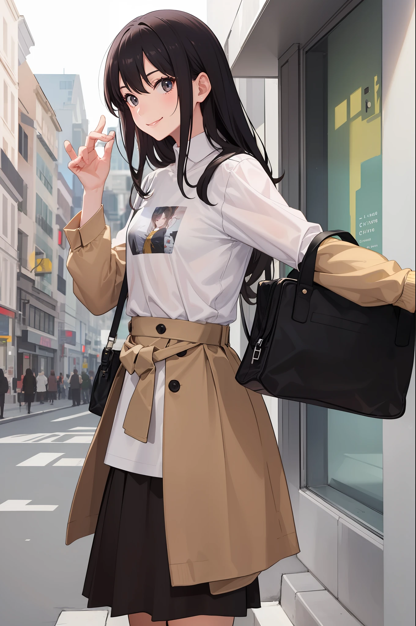 1 girl, smile, shirt, skirt, (small) chiralism,