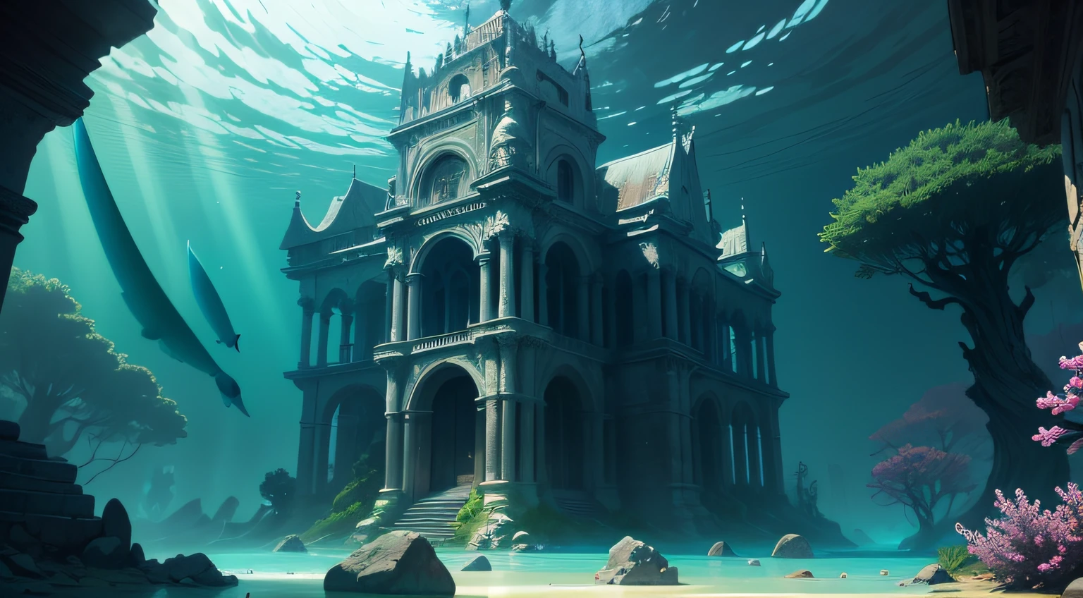 beautiful ancient city underwater, high quality, high definition