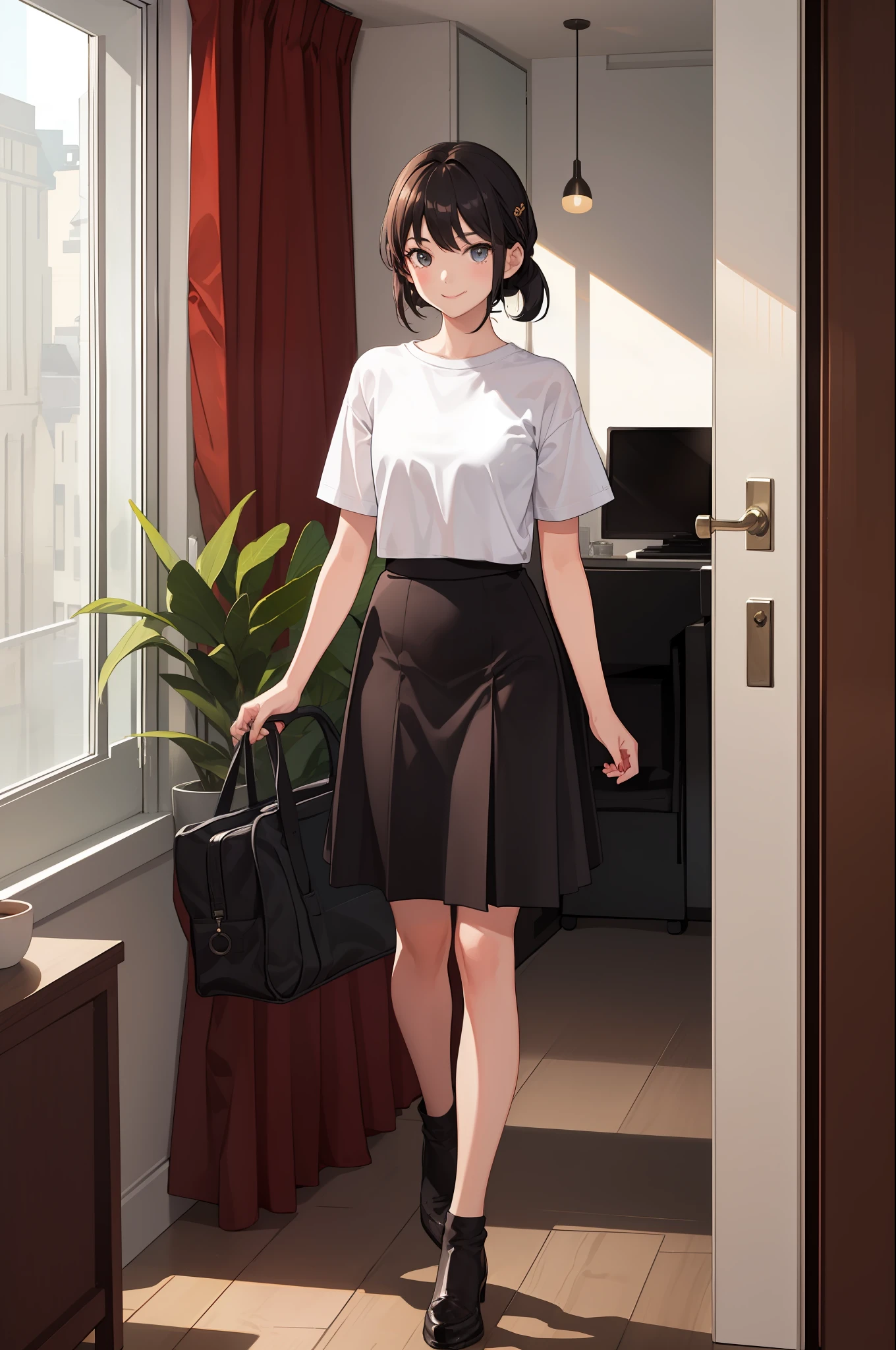 1 girl, smile, shirt, skirt, (small) chiralism,