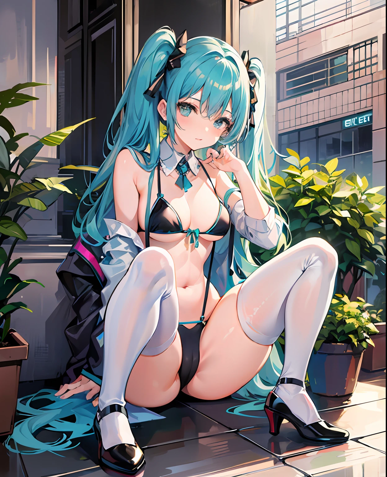 Hatsune Mirai,BIKINI,thong Pants,White suspender stockings,high heel shoes