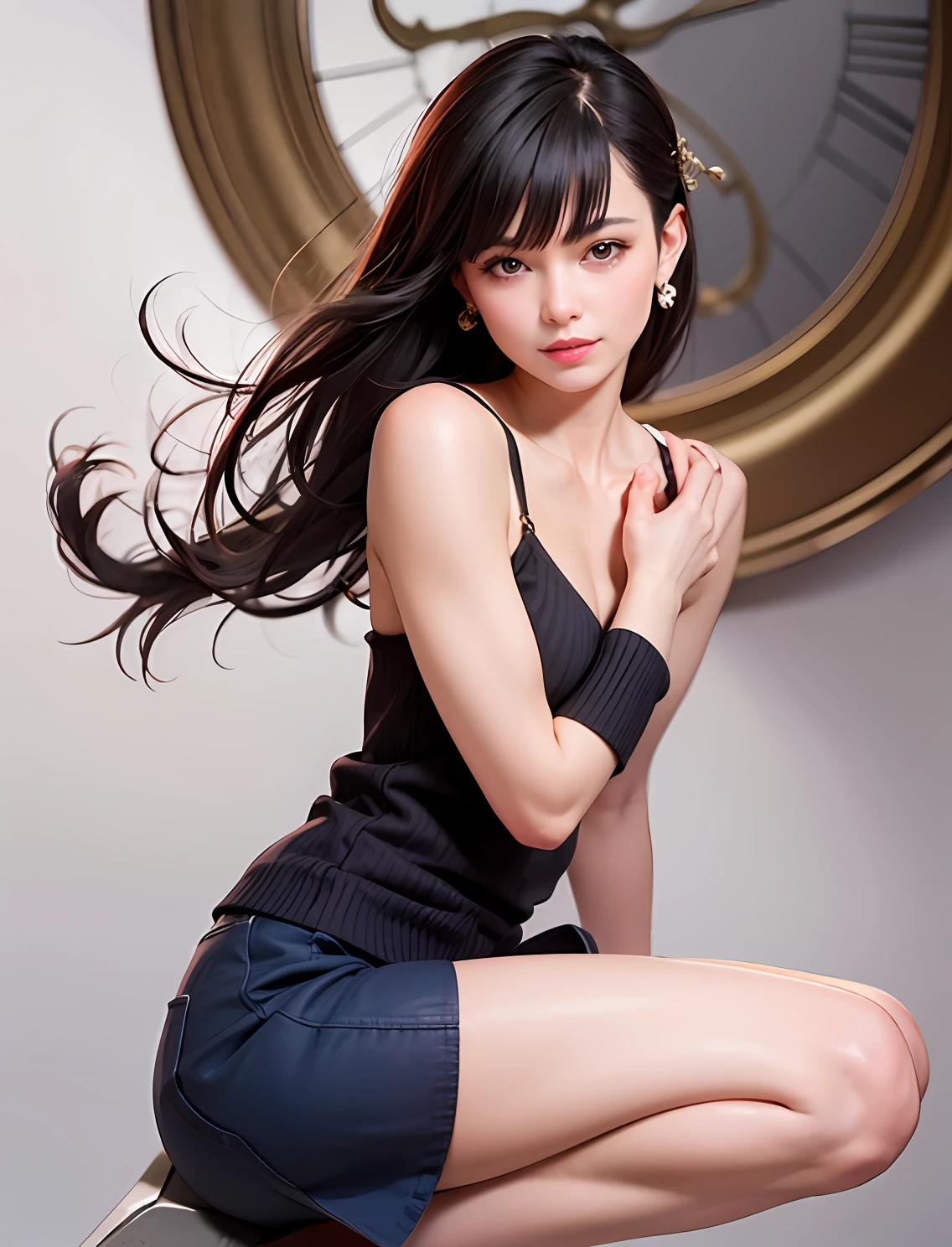 A gentle and charming Chinese beauty, delicate and charming oval face, thin lips, double eyelids, small nose, pink lips, attractive collarbone, square chin, smiling, happy, shoulder-length long hair, ultra-realistic, ultra-high-definition , very detailed, real skin, perfect figure, charming figure, slender and tall, barefoot, neat pleated skirt to create a minimalist style, simply matched with textured normocore sweater, thin strap high heels, simple yet elegant and delicate, geometric Wind accessories embellishment, super beautiful matching, focus on the face, the face is super detailed