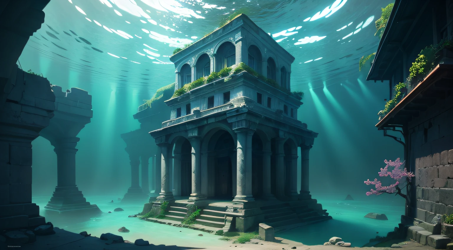 beautiful ancient city underwater, high quality, high definition