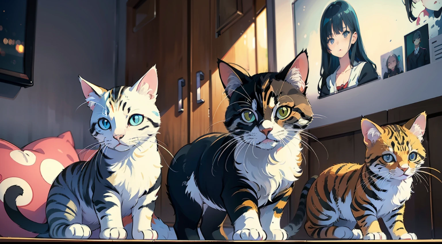 Kittens,hide,A corner of the home,Camera,Monitoring screen,painterly,Arte,depict,creativity,Visual expression,high definition detail、Hyper Detail、fi movie、photohyperrealistic、Soft light、Deep field focus bokeh、Ray tracing and surrealism,Miyazaki animation style。 --v6