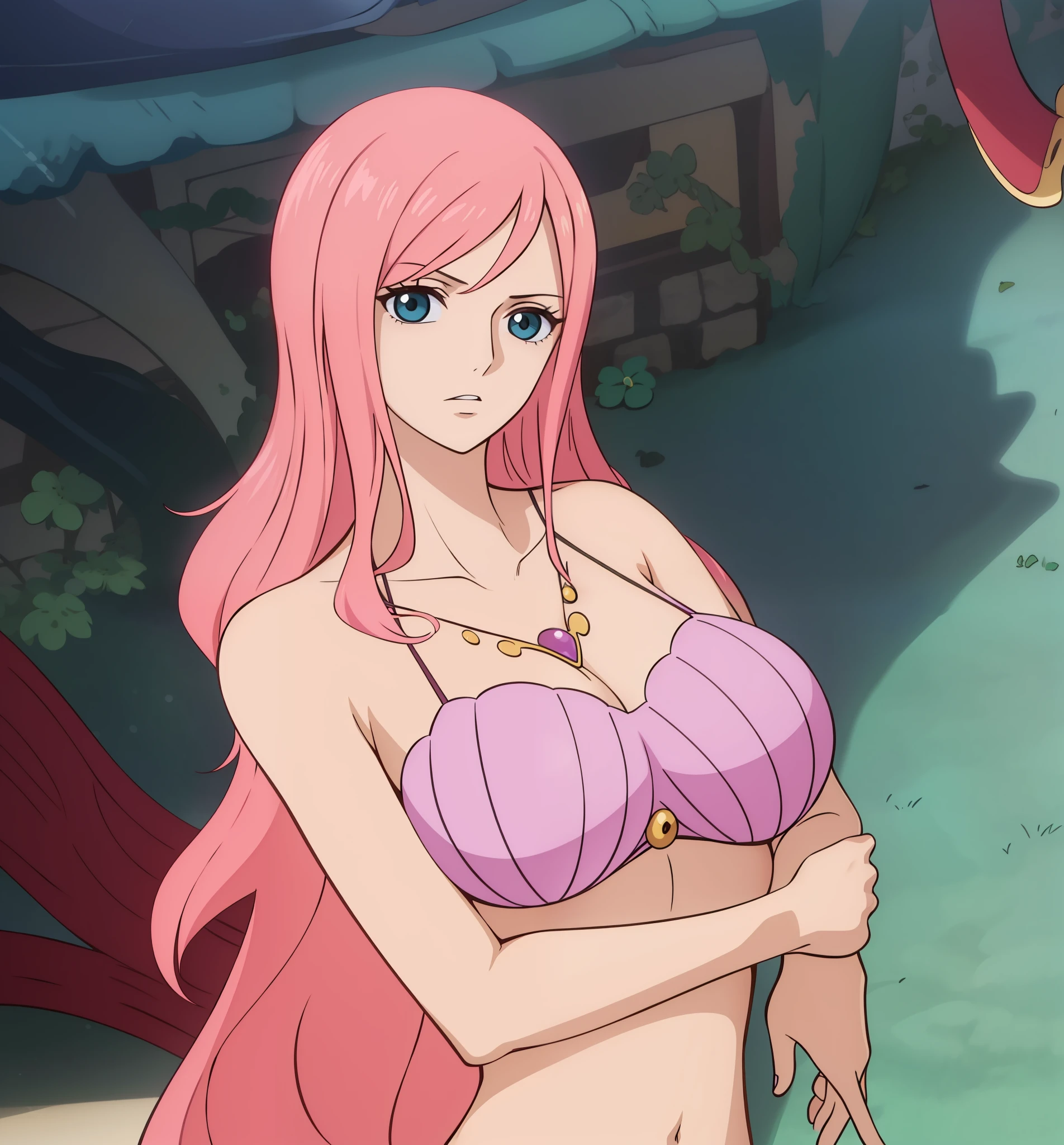 A closeup of a woman in a bikini, us one piece, in a piece, Erza Scarlet como uma pessoa real, escamas cobrindo seu peito,menina anime sedutora, ((ruiva)), olhos verdes, obra prima, qualidade boa, excelente qualidade, 4k, sem defeitos, sharp image, One Piece