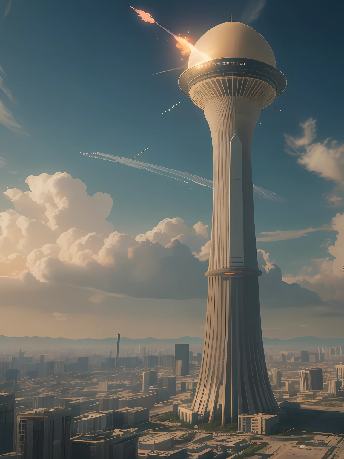 there is a large tower with a jet flying over it, inspired by jessica rossier, stratosphere, jessica rossier fantasy art, 3 d render beeple, by jessica rossier, octane render. by makoto shinkai, futuristic tower, beeple. octane render, matte painting 4k 8k, 8 k matte painting, 8k matte painting