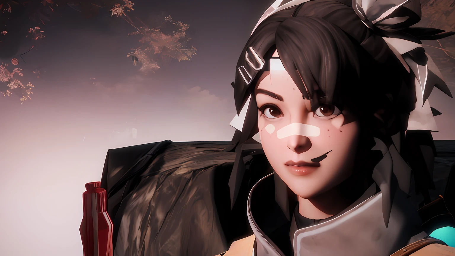 there is a woman with a large headband and a backpack, Personagem close em cima, Akali, renderizado em sfm, Personagem de close em cima, inspirado em Chen Jiru, Caractere Fechar-em cima, Closeem cima da arte do personagem, unreal engine render + uma deusa, motor irreal : : maquiagem rave, 4 k octan render, closeem cima retrato de personagem, inspirado em Li Mei-Shu