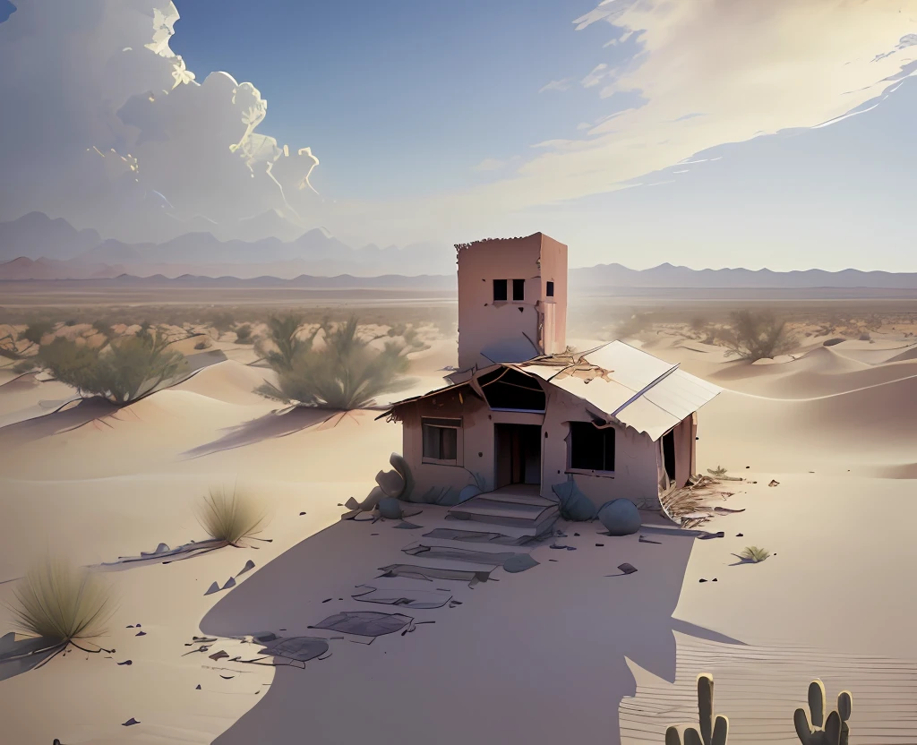 In the middle of the desert there is a dilapidated city with small buildings, abandoned in a desert, The whole desert is full of ruins,The city is around small buildings