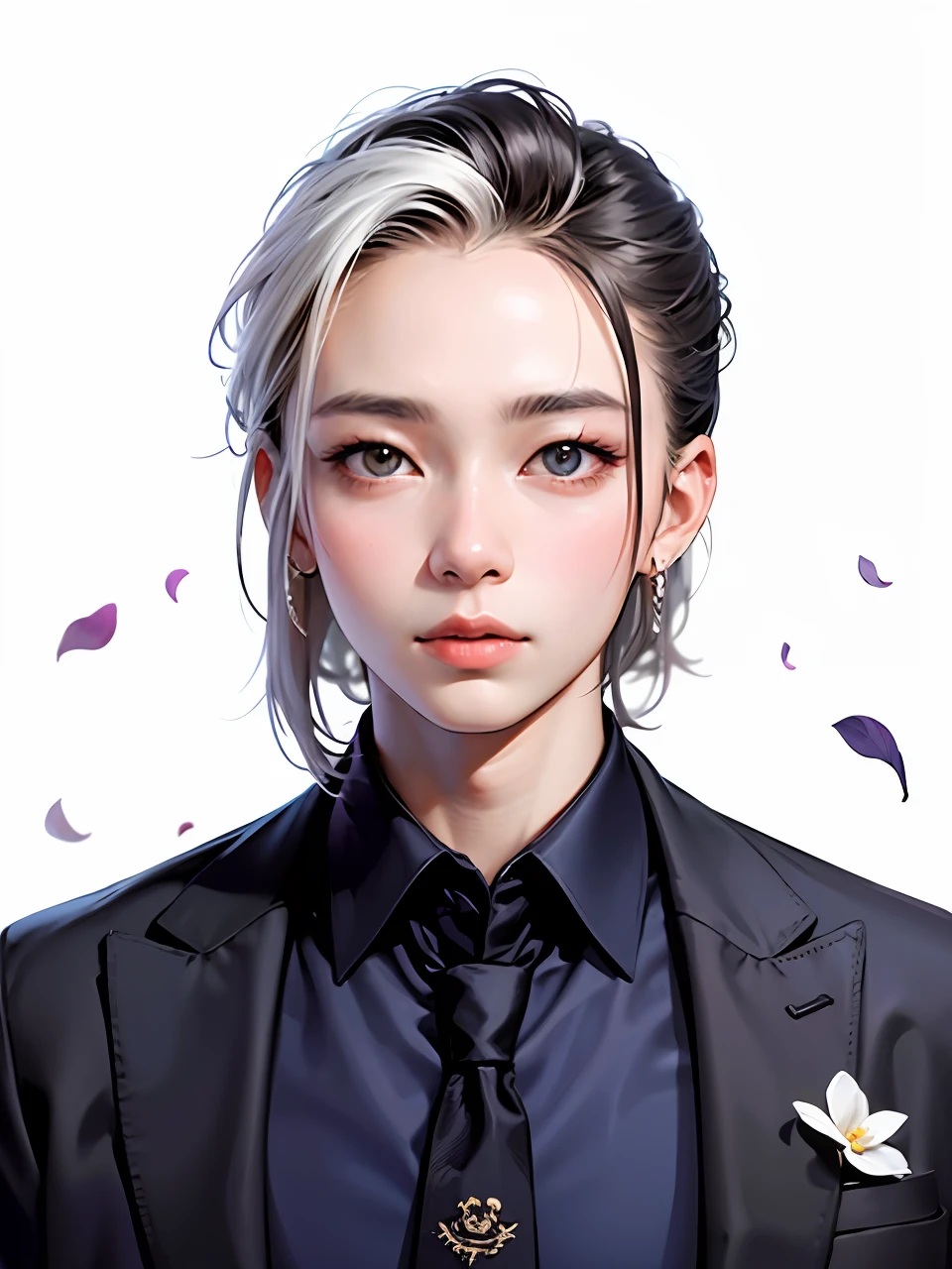 (((Schoolgirl)))Meisterwerk,the best quality t,1girl,(colourised),(Delicate beautiful eyes and delicate face),Cinematic lights,bust,非常详细的 CG 统一 8k 壁纸,White Hair,solo,Sorrisos,Complex skirts,((Fly petals)) ,(Flowery meadow) heavens、, cloudy_heavens、, building, moonlight, month, in the evening、, (dark color theme:1.3), light, fantasy,,,,arafed man in a black shirt and tie posing for a picture, phong yintion j - jiang geping, professional profile picture, hoang long ly, dzung phu dinh, zeng fanzh, xintong chen, 2 , 2 7 years oldprofile picture, professional picture, yintion j - jiang geping(Schoolgirl1.5)