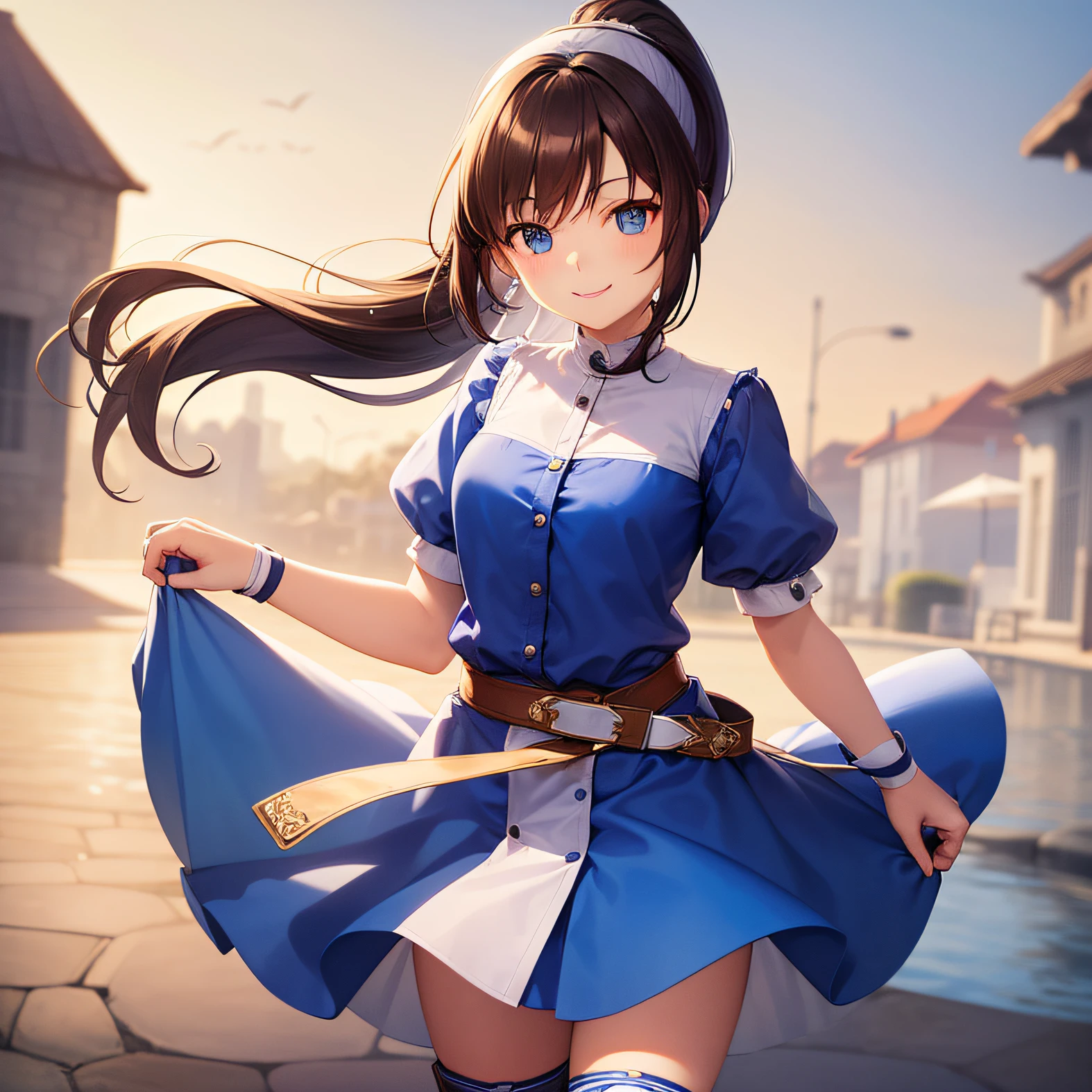 top quality, very delicate and beautiful, girl, 11 years old, (dark brown hair), blue clothes with vertical buttons, belt at the waist, white skirt, (ponytail)), (white hair band), (brown boots), blue eyes, standing, smile,