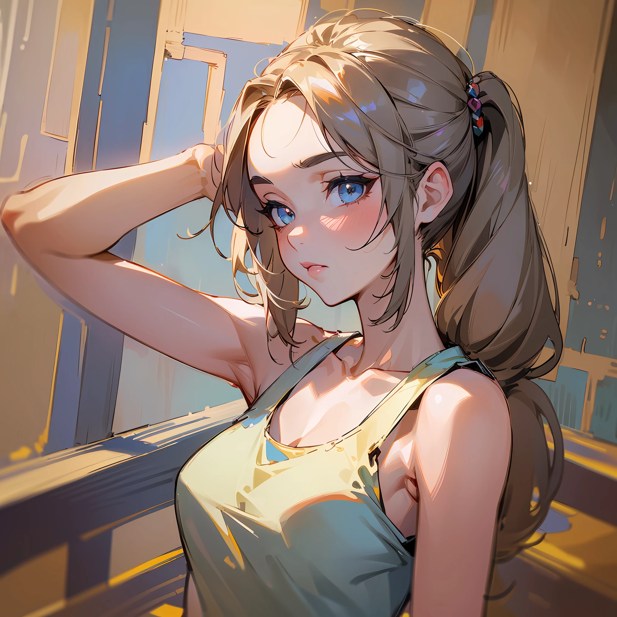 ((Best quality, 8k, Masterpiece :1.3)), 1girl, Pretty woman with emphasizing slender abs :1.3, (random hairstyles :1.2), Oversized tank top :1.2, Ultra-detailed face, Detailed eyes, Double eyelid, armpit --auto --s2