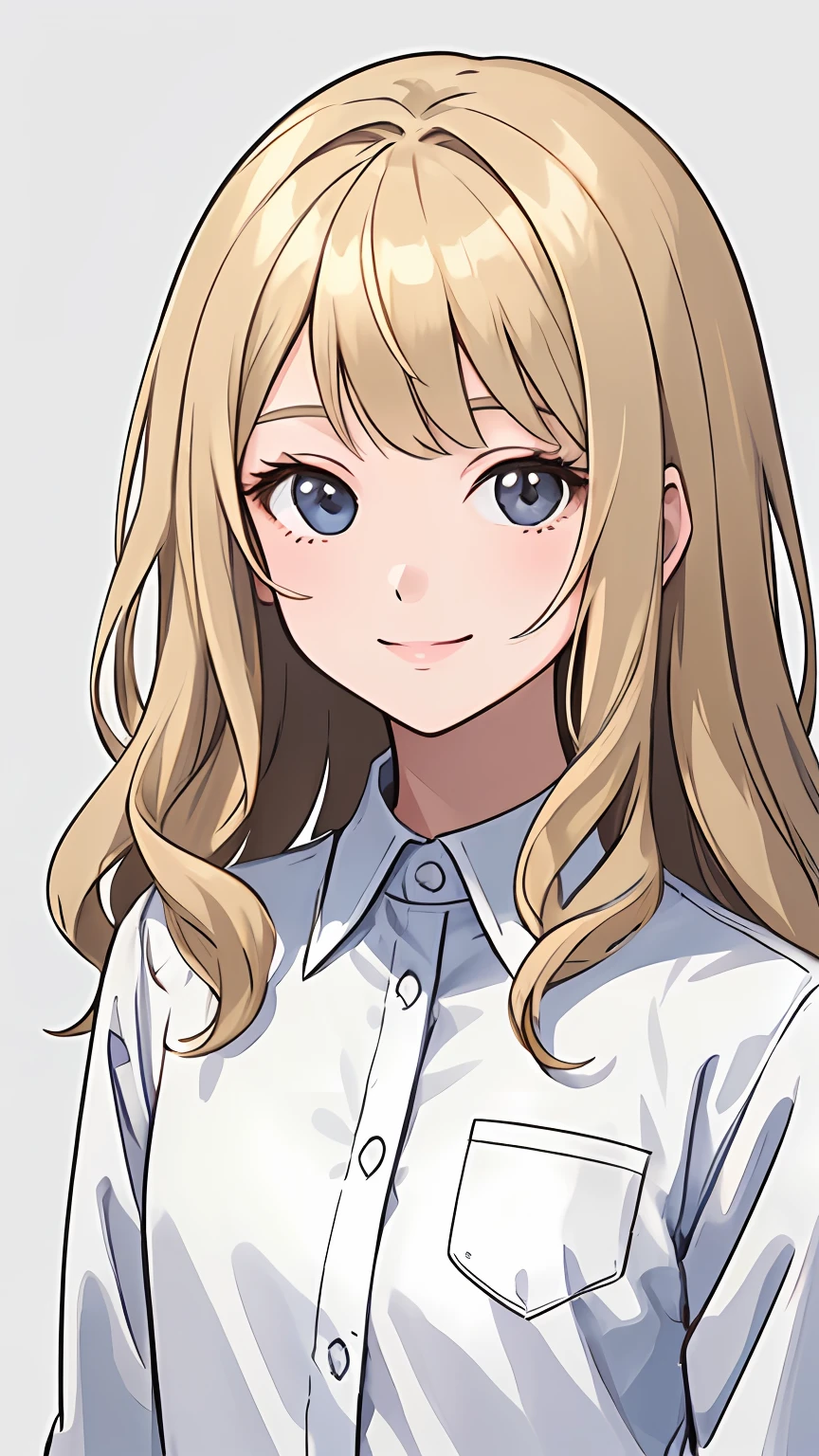 (masterpiece:1.1), (best quality),(illustration), simple anime style, (1girl), adult, standing, looking at viewer, close up, smiling, closed mouth, (simple background), delicate beautiful face, white professional shirt, dirty blonde hair, medium length hair, bangs, wavy hair, superflat style, flat colors, gray background, flat lighting