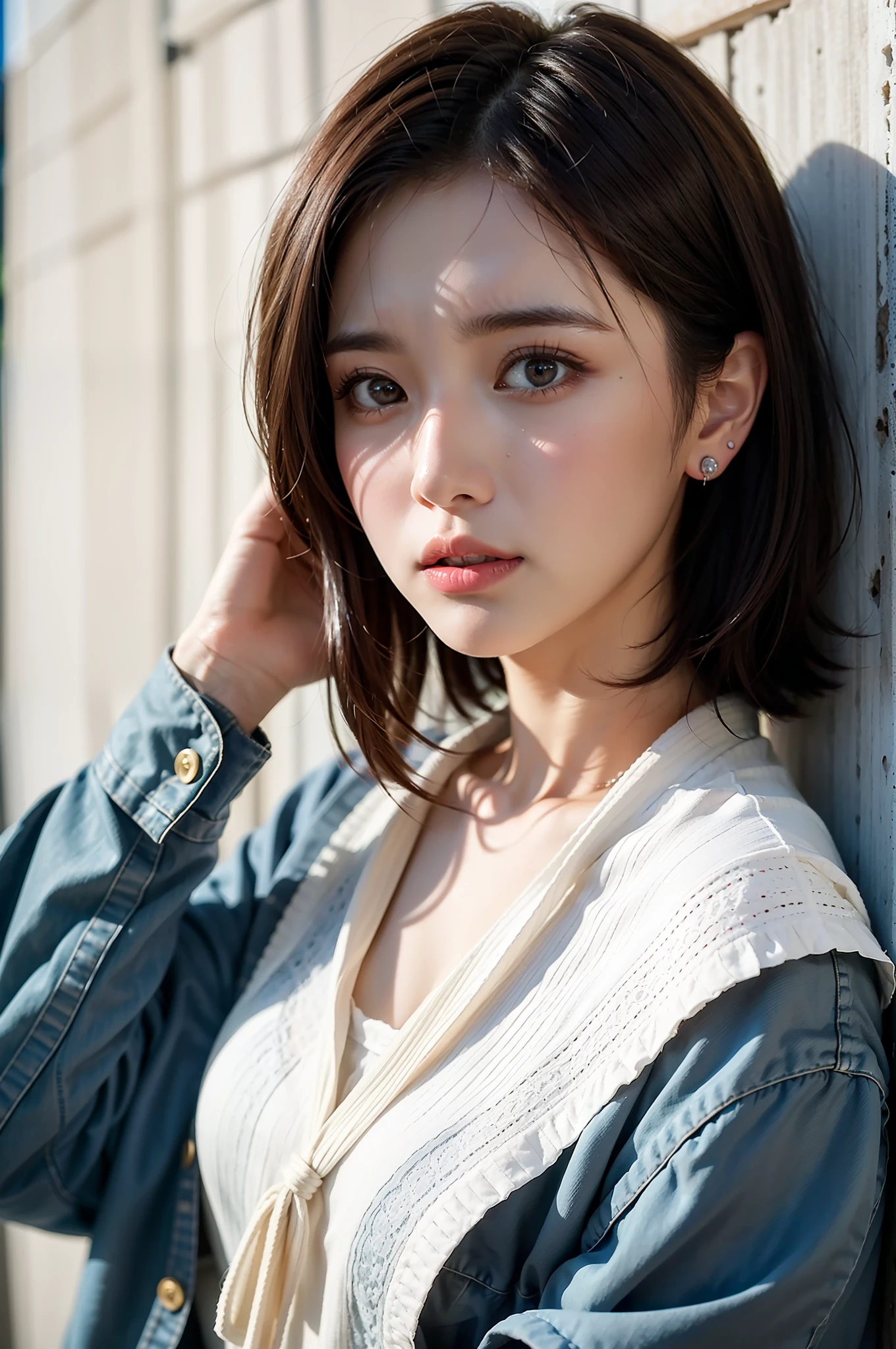 Best Quality, Master peace, Ultra high Resolution, (Realistic、、: 1.4), Original Photo, (True Skin Texture: 1.3), (Film Grain: 1.3), Panorama, Portrait, Very Wide Lens, narrow waists, Denim Lens, (In the Dark, Deep Shadows, Low profile, Cold Light,) Night, Close-up, teardrops,ple short hair、the neck is long、Put your ears out、bangs、big Eyes、Light-colored eyes、inside the house, dust, tyndall effects,(expression), sitting, (against the wall), crying, frowning, (looking awdown), nervousness, teardrops,嬉しそうに微笑む
1 girl, beautiful detail eyes and face, white jabot, pink dark V, BROWN EYES,