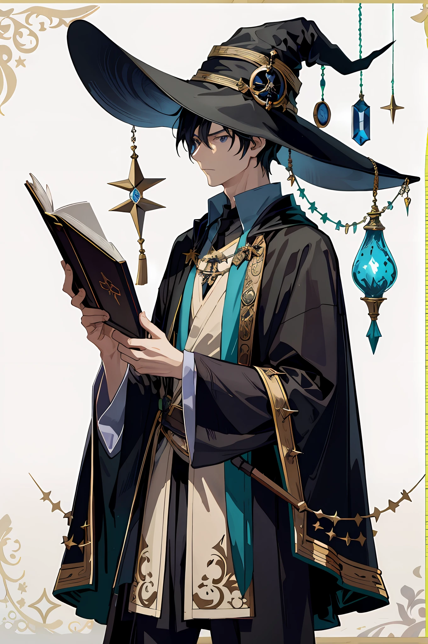 Portrait of an anime character young wizard, wearing a black wizard costume, holding a spellbook, with a focused expression, flowing black hair, instantly frozen.