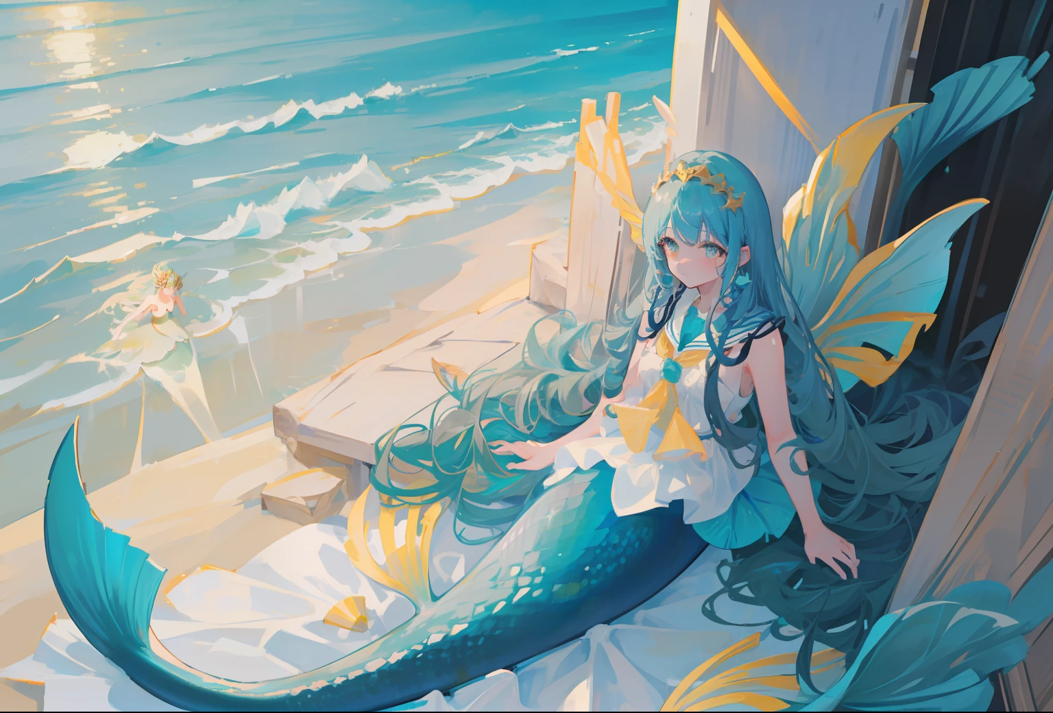 sea water,,Nautical miles Ocean ,Golden scaled fish tail,Long aqua blue curly hair,diadem,Golden eyes,Seashells,medium chest,gray skin,8k,,the best quality t,beautiful,desktop wallpaper,gal girl,Mermaid Fish Tail Half-Mermaids、