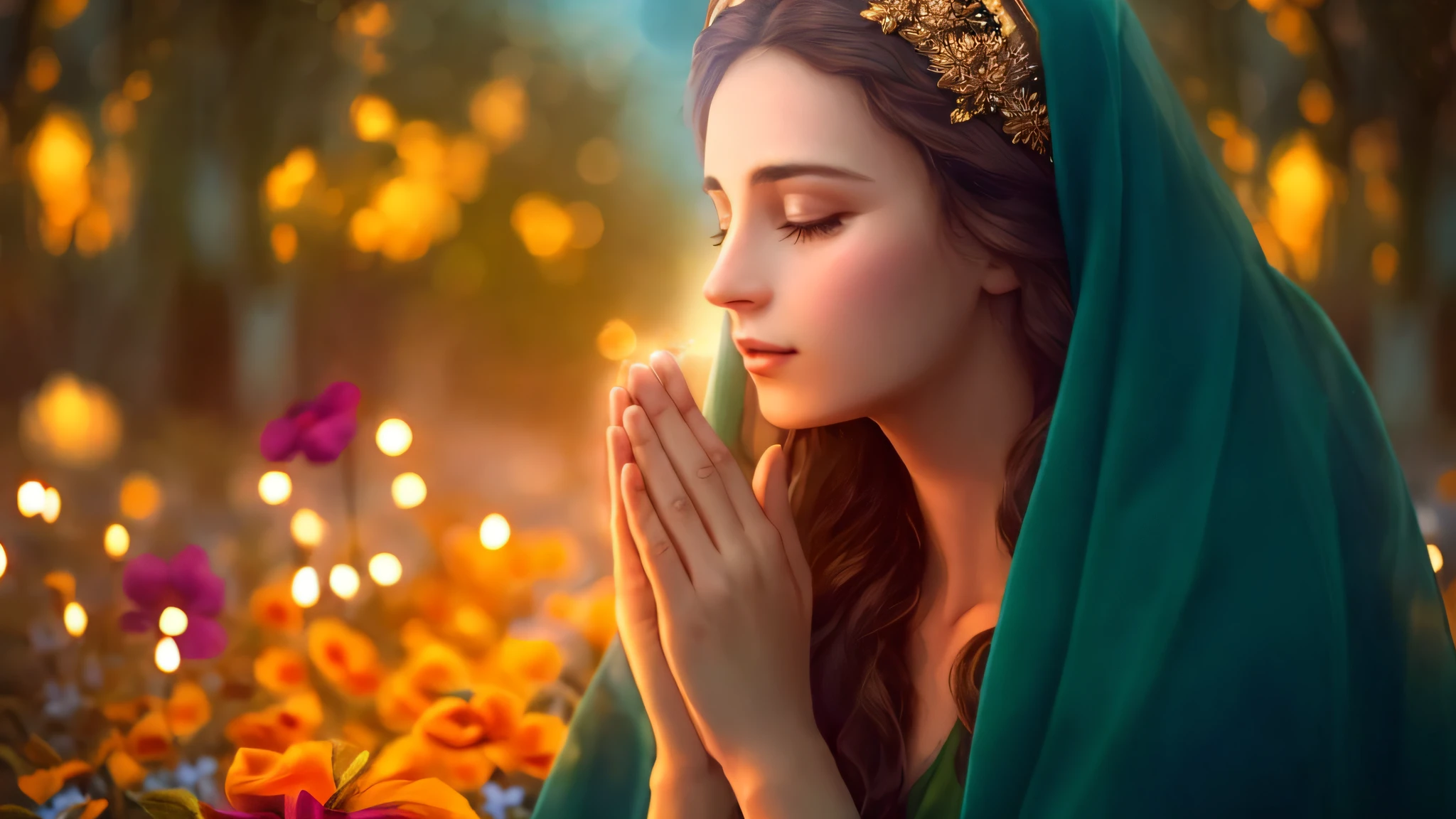 a woman in a green veil is praying in a field of flowers, deusa bonita, majestosa mulher de santo, orar meditando, imagens religiosas, religioso, Orando, holy flame spell, Rezando ao Sol, sagrado feminino, beautiful image, mulher  linda, foto de perfil, beautiful depiction, deusa divina, Sacerdotisa elfa, Fae Sacerdotisa, Virgem Maria --auto