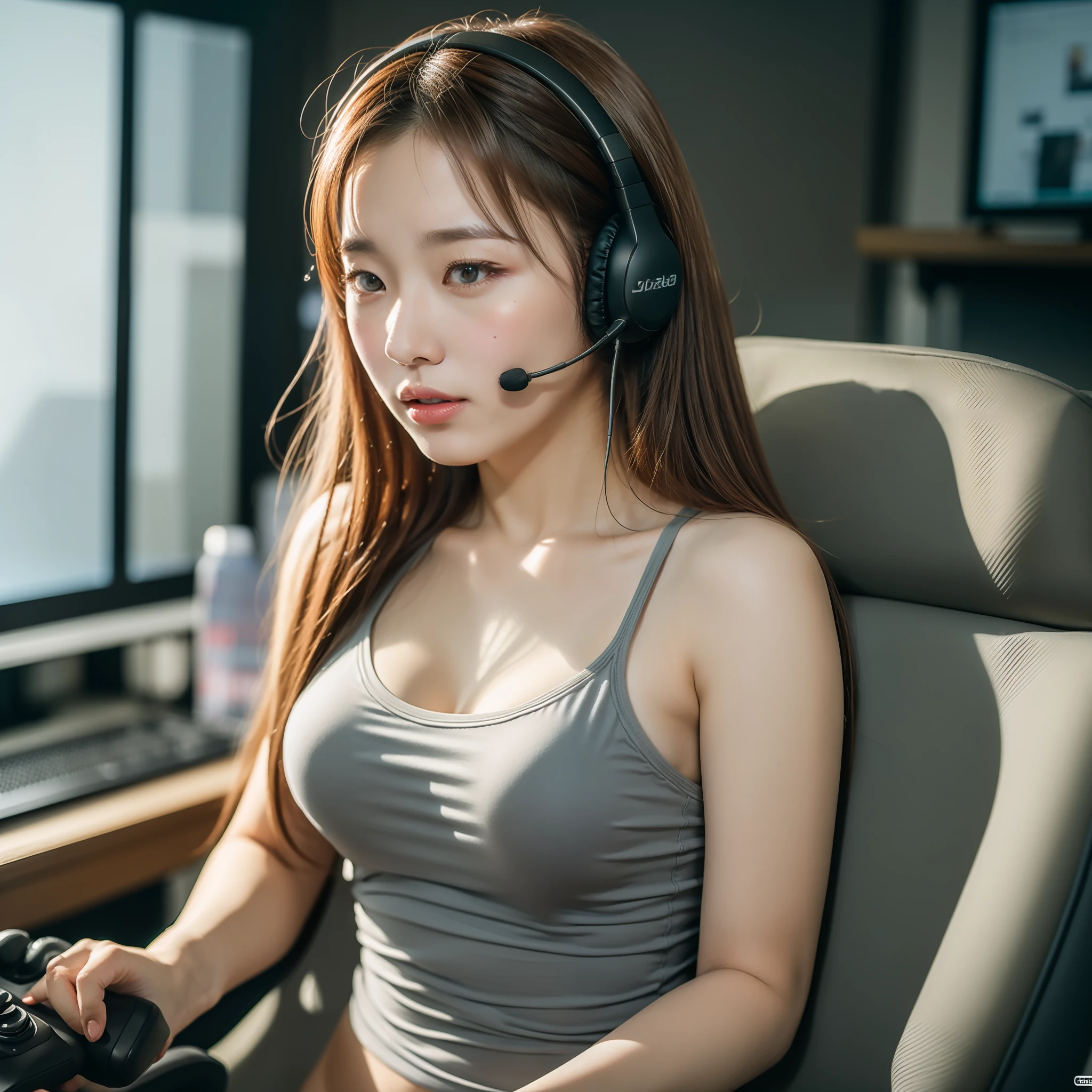 (young),(serious,looking away),8k,RAW portrait of girl,photorealistic,ultra high res,best quality,
BREAK
((undressing:1.5) shirts),playing game,idol,cute,playing a game on one's PC,gamer,game controller,sitting on gaming chair,wearing headset,camisole,gray sports shorts,(darkened room:1.3),
BREAK
(natural skin texture,detailed skin, hyperrealism,ultra sharpness),intricate details,Depth of field, dim lighting,