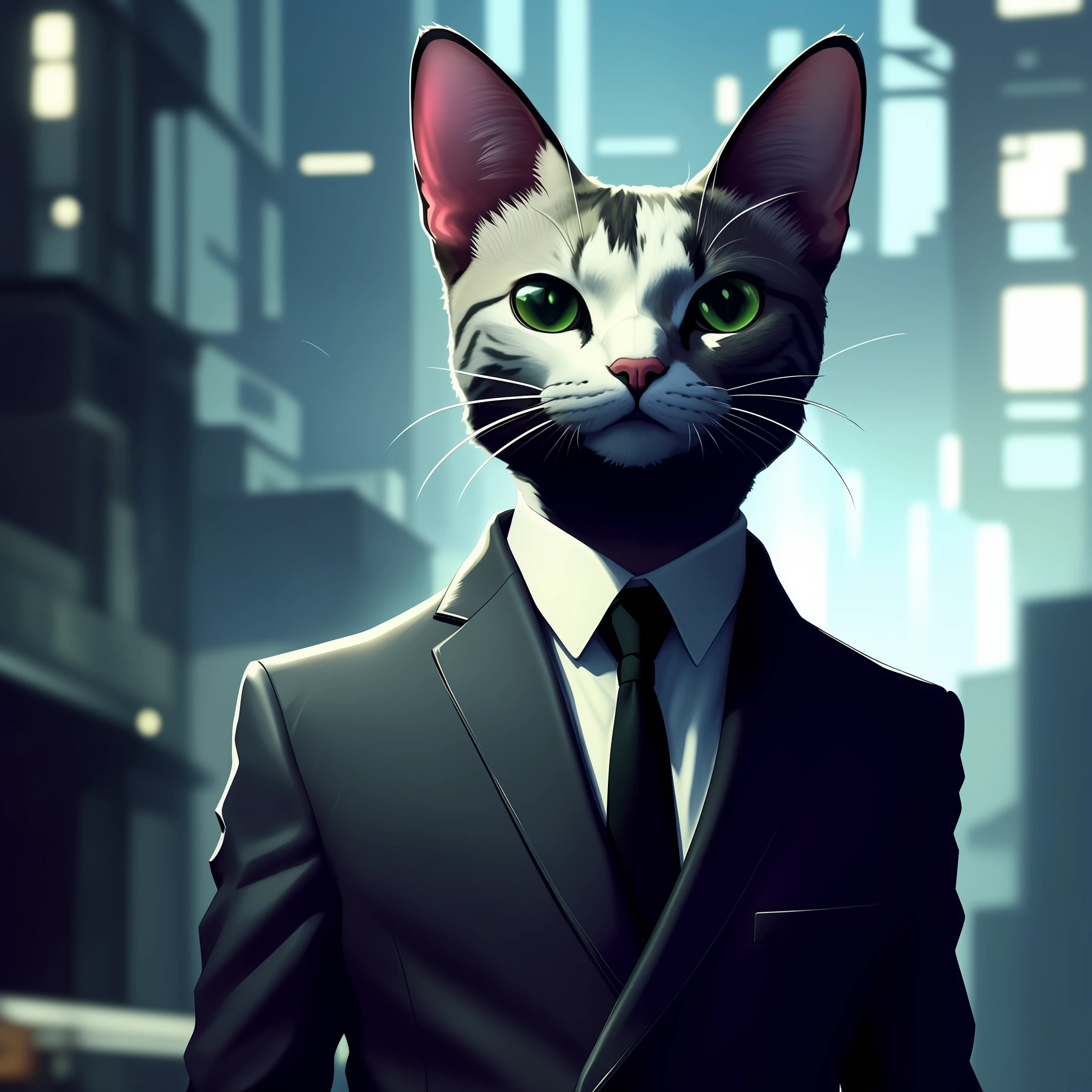 there is a cat in a suit and tie with a black tie, gato cyberpunk, anthropomorphic cat, gato ciborgue, Cybercat, human cat hybrid, gato do vazio, gato antro, um gato antro, anthropomorphic female cat, Beeple e Jeremias Ketner, Tecnologia batida. Neo Estilo Preto, um gato ciborgue