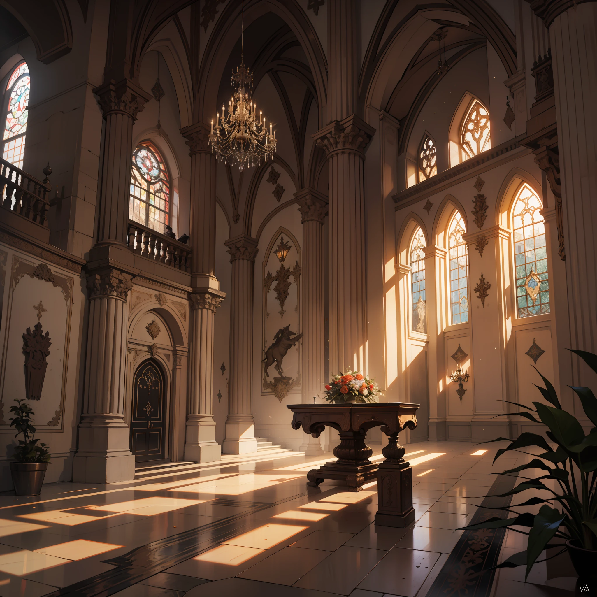 Melhor qualidade, detalhado,8k, obra de arte, Interior Gothic castle, lounge, mesa de jantar, shining, imponente, pedra cinza, detalhado, piso de madeira escura, sun sunset, Sunset light I understand through the windows, janelas imponentes pontiagudas, gothic architecture, mesa de jantar grande madeira escura, banquete para dois, dois pratos na mesa, madeiras medievais de madeira, luz de velas, lar do vampiro, candelabro elegante, tema escuro, arte na parede, camera away, olhar amplo, cinematic, cold lighting, paredes de pedra cinza medieval, arte, comidas variadas, vinho, mesa longa, palace
