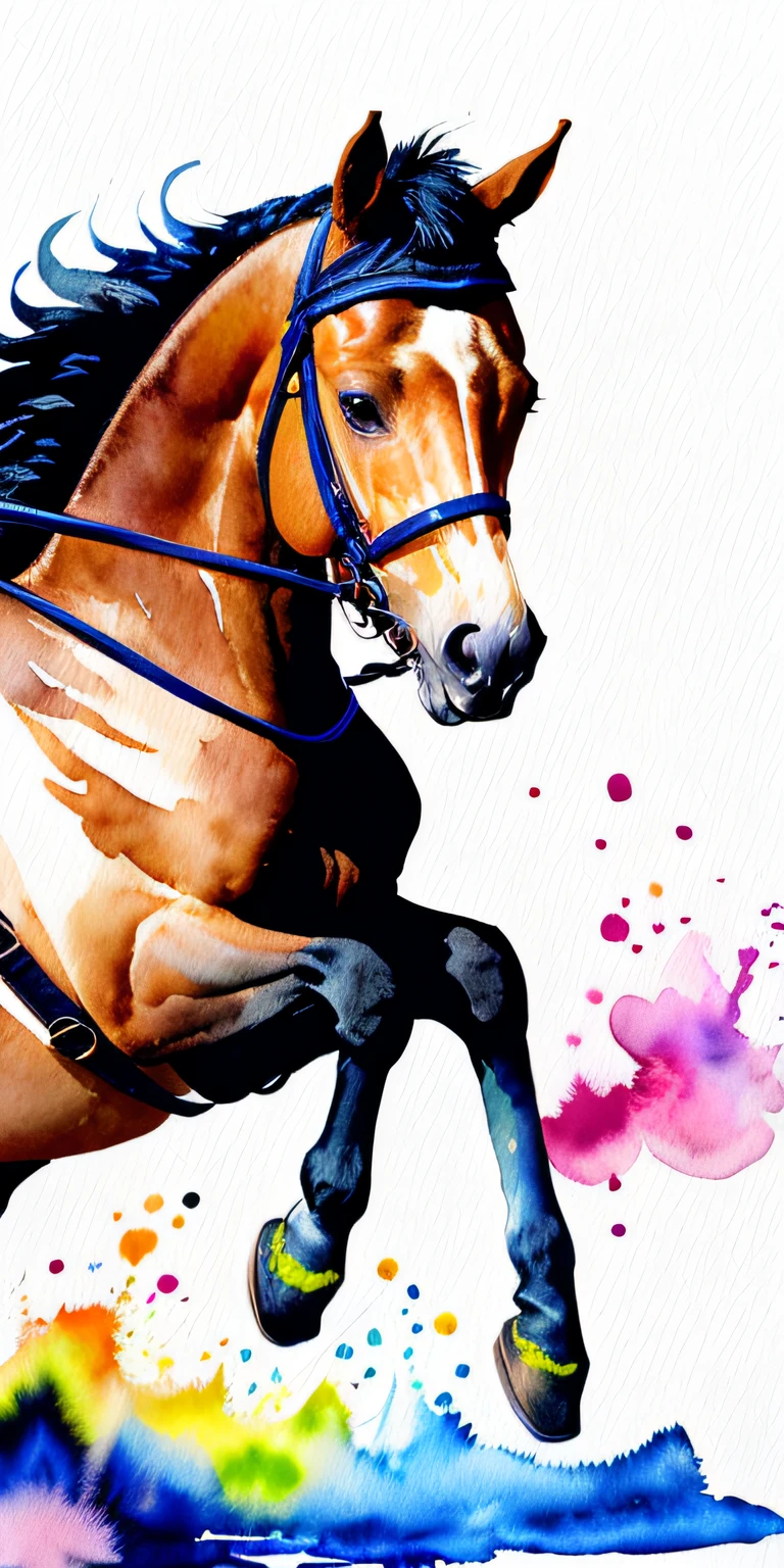 wtrcolor style, digital art (horse character), (show jumping) girl on loashdie, full-length, flowing tail, formal art, frontal, smiling, masterpiece, beautiful, ((watercolor)), face painting, paint splashes, intricate details. Very detailed, detailed eyes, [drip: 0.5], popular on artstation, Rachel Walker.