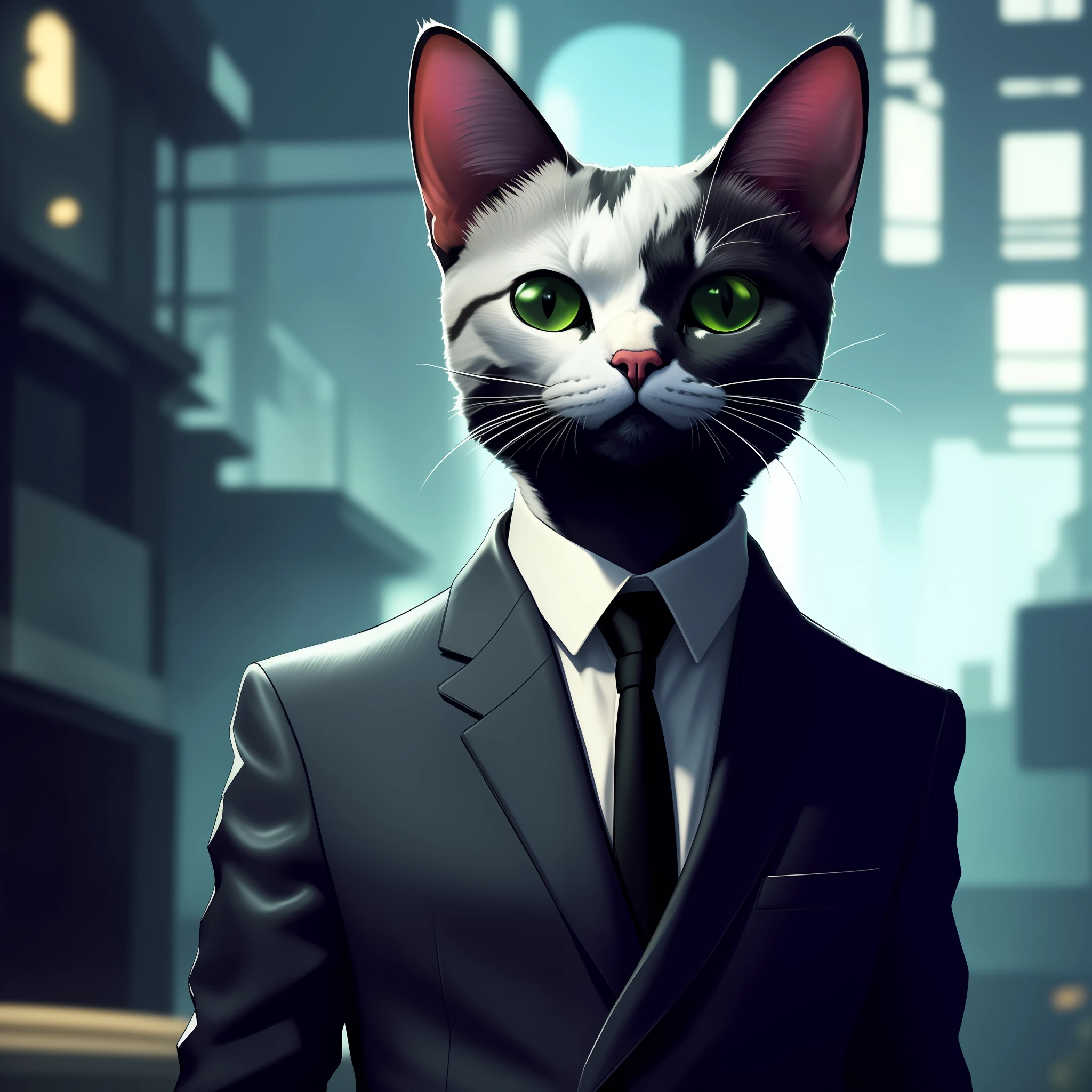 there is a cat in a suit and tie with a black tie, gato cyberpunk, anthropomorphic cat, gato ciborgue, Cybercat, human cat hybrid, gato do vazio, gato antro, um gato antro, anthropomorphic female cat, Beeple e Jeremias Ketner, Tecnologia batida. Neo Estilo Preto, um gato ciborgue