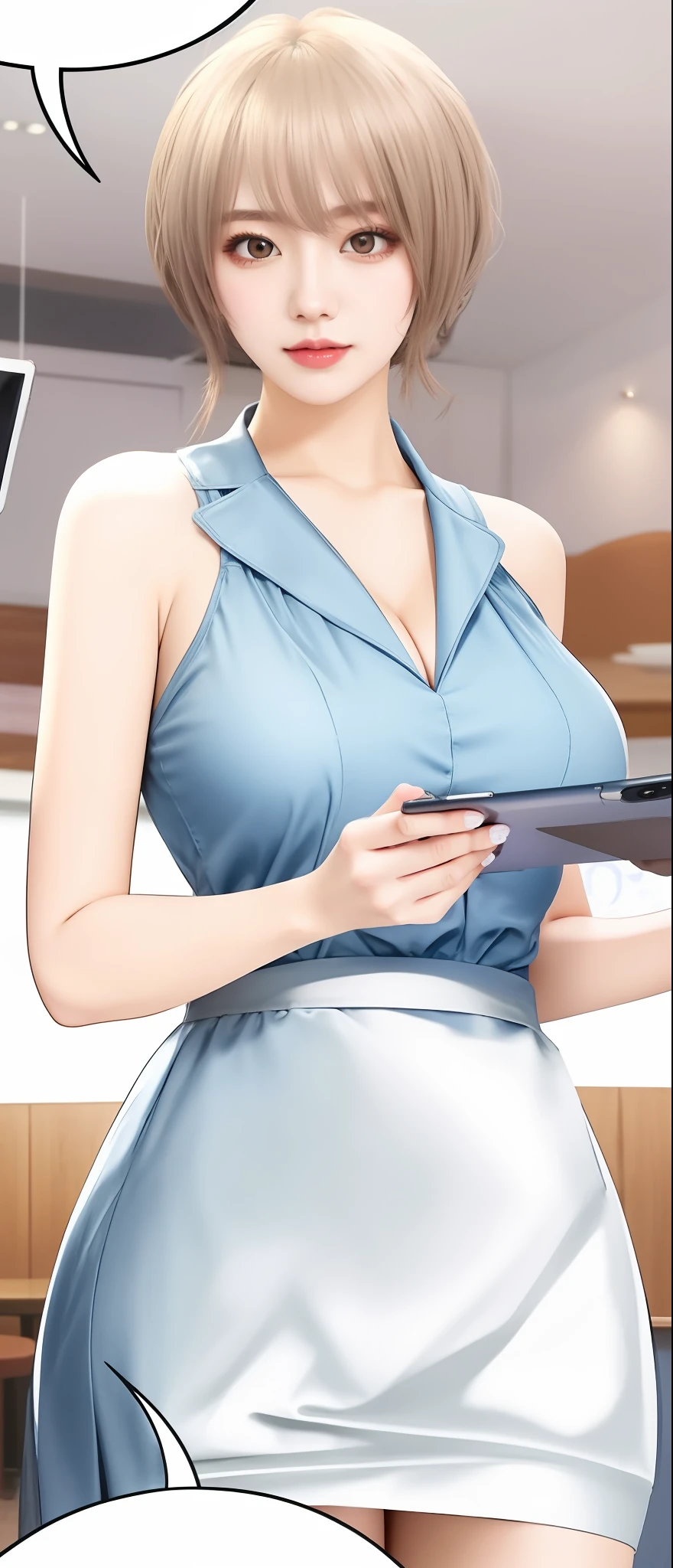 a girl in a blue dress is holding a tablet, revealing clothes, oppai, open v chest clothes, anya from spy x family, cleavage, ( waitress ) girl, with a large breasts, sakimi chan, perfectly shaded body, with large breasts, nishimiya shouko, breasts covered and sfw, extremely high detail!!, upper body close up