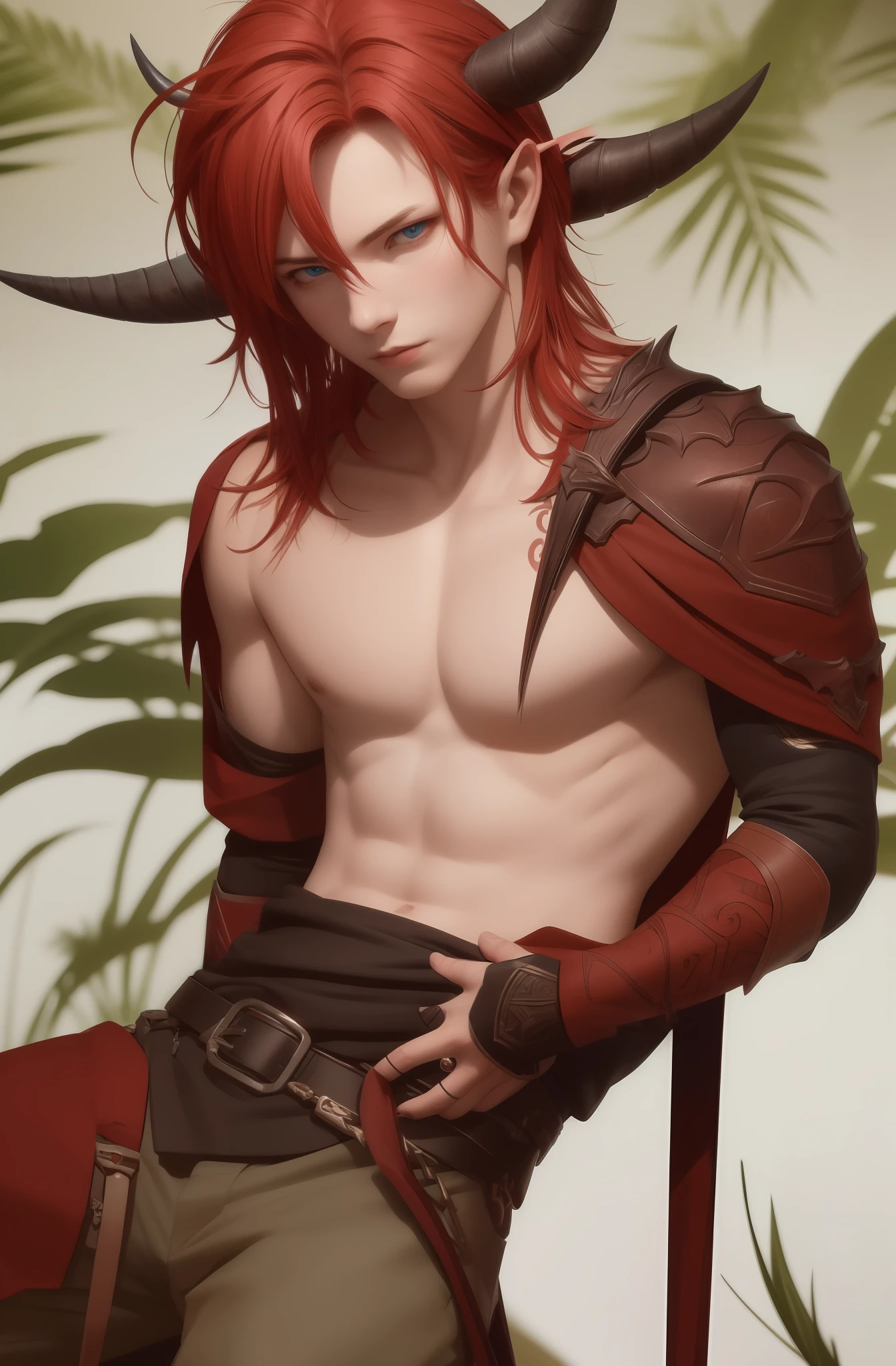 lifelike,great resolution,Background Sky,Masculine,long red hair,blue eyes,The forehead grows the horns of a dragon,elf ears,topless naked,Full body black tattoo,One angel wing, one demon wing