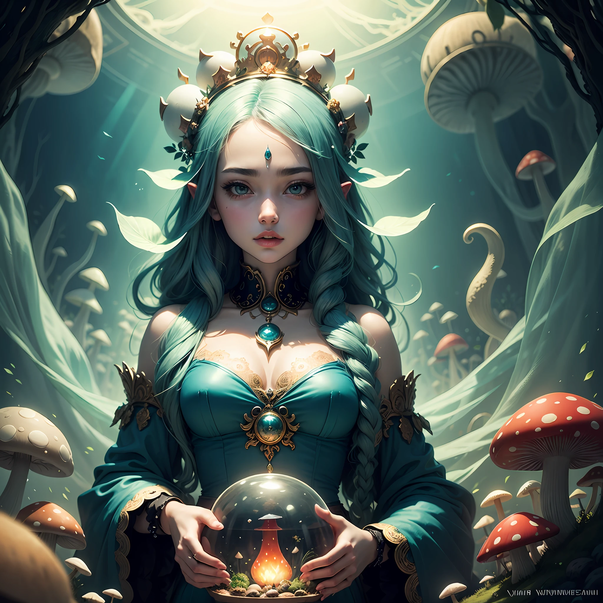 Beautiful woman, mushroom crown with glass mushroom eco system, ethereal, yuumei art, james jean art, Phasomelic, Victor nizovtaev --auto