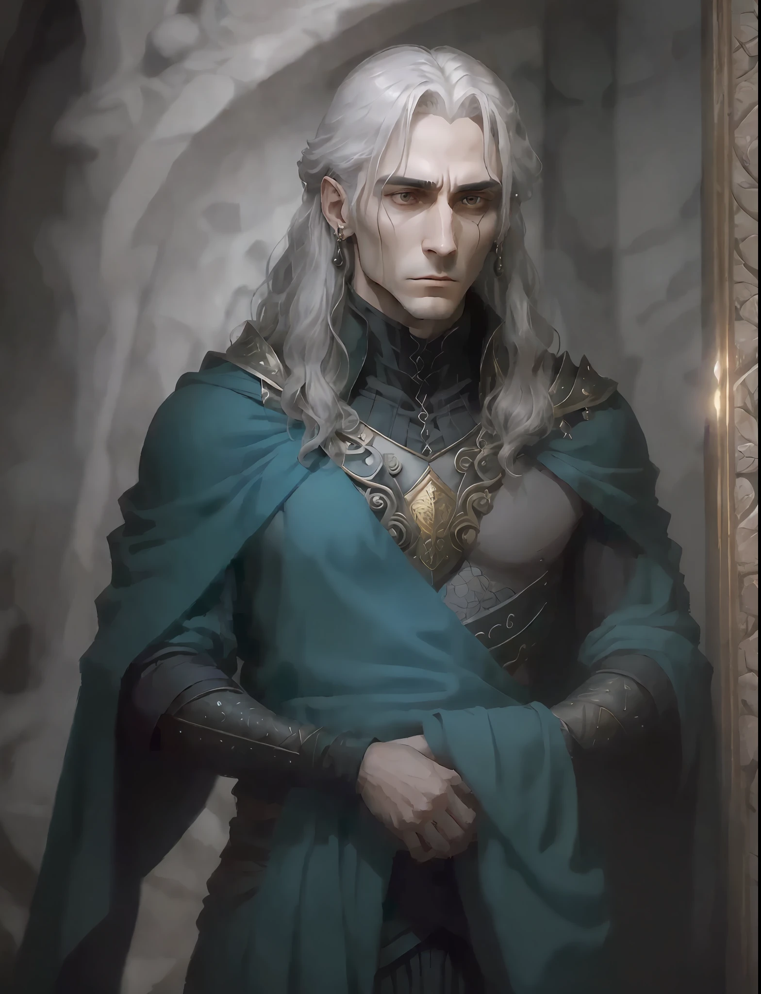 Aenar has a striking appearance, typical two Targaryens. Ele tem cabelos negros e sedosos que caem em mechas onduladas em torno de seu rosto. His eyes are a deep dark purple, a distinctive feature of the Valyrian lineage. His skin is pale and slightly golden, conferindo-it a noble and exotic appearance.
As for his stature, Aenar is tall and imposing. Com o passar dos anos, ele alcança a altura de 189cm, o que o torna uma figura imponente e dominante em qualquer ambiente em que esteja presente.
No que diz respeito ao estilo de vestimenta, Aenar opta por roupas elegantes e nobres. Ele usa roupas de tecidos finos e luxuosos, como seda e veludo, em tons de preto e roxo, which are the characteristic colours of House Targaryen. Their clothes are adorned with gold and silver details, demonstrating his position of nobility and power. He also wears a single earring in his left ear, which is shaped like a dragon's tooth, as a symbol of their ancestral lineage.
In terms of posture and presence, Aenar exudes confidence and serenity. His facial expression is serene and thoughtful, refletindo sua natureza pensativa e observadora. He carries with him an aura of mystery and wisdom, conveying the idea that there is much more to it than meets the eye in your personality.
These combined physical and dress characteristics contribute to creating Aenar Targaryen's image as a respected leader, Enigmatic and powerful, that attracts attention wherever it goes. --auto --s2