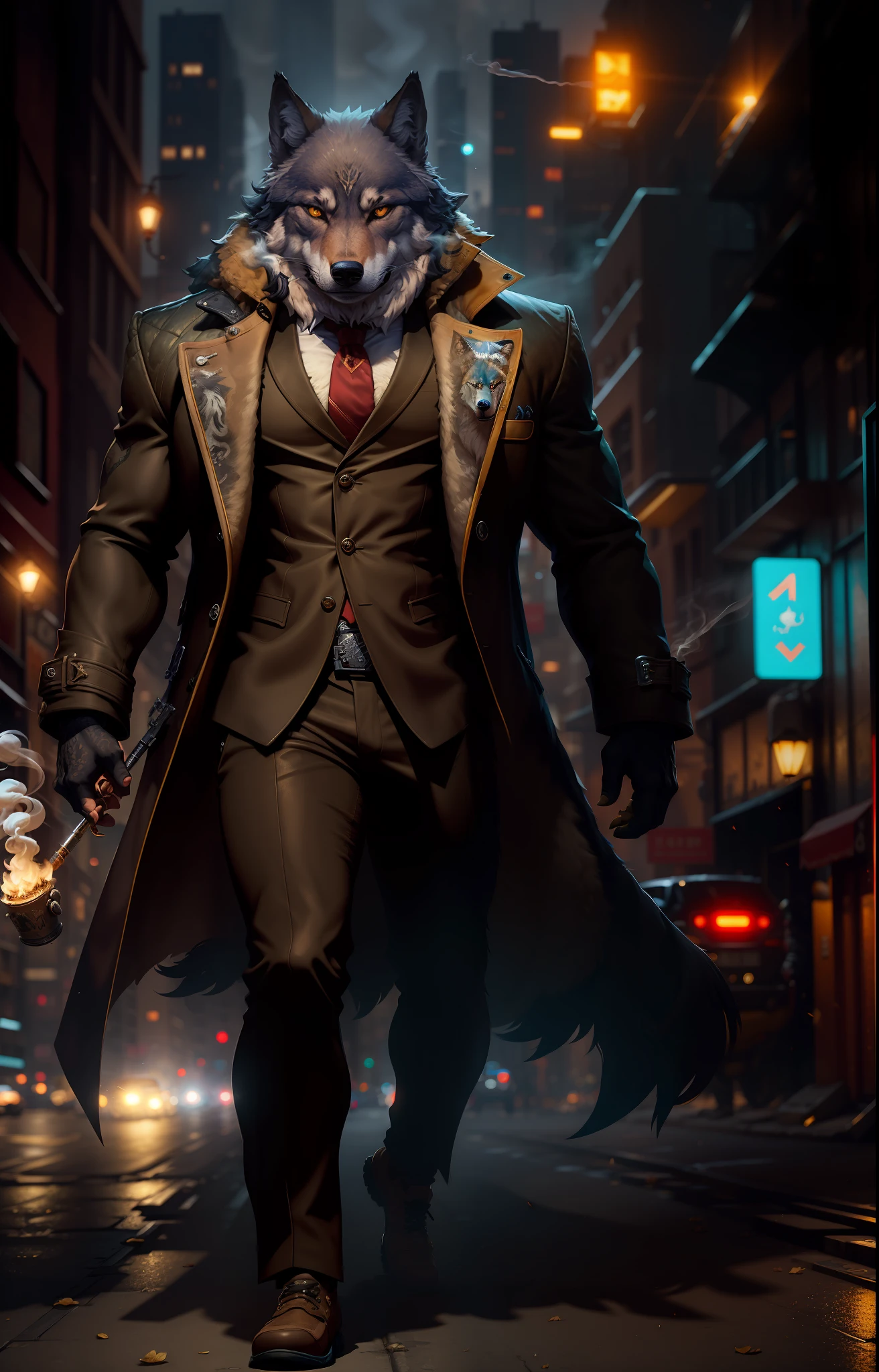 Masterpiece, (Ultra Detailed), (Animal Anthropomorphism), Gangster Theme, Wolf, Handsome, Trench Coat, Dim Lights, Smoke, Shadow, Corrupt Cityscape, Highest Quality, Single Focus, (skimming: 1.1), Muscle Man, Full Body, Intricate (High Detail: 1.1) Unreal Engine.