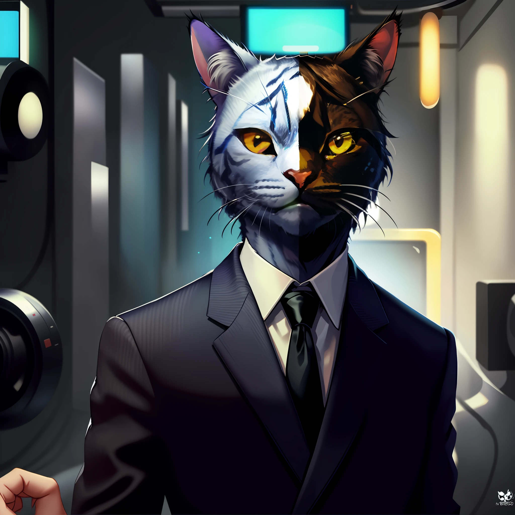 there is a cat in a suit and tie with a black tie, gato cyberpunk, Gatopomorphic Antrum, gato ciborgue, Cybercat, human cat hybrid, gato do vazio, Antro Gato, um Antro Gato, anthropomorphic female cat, Beeple e Jeremias Ketner, Tecnologia batida. Neo Estilo Preto, um gato ciborgue