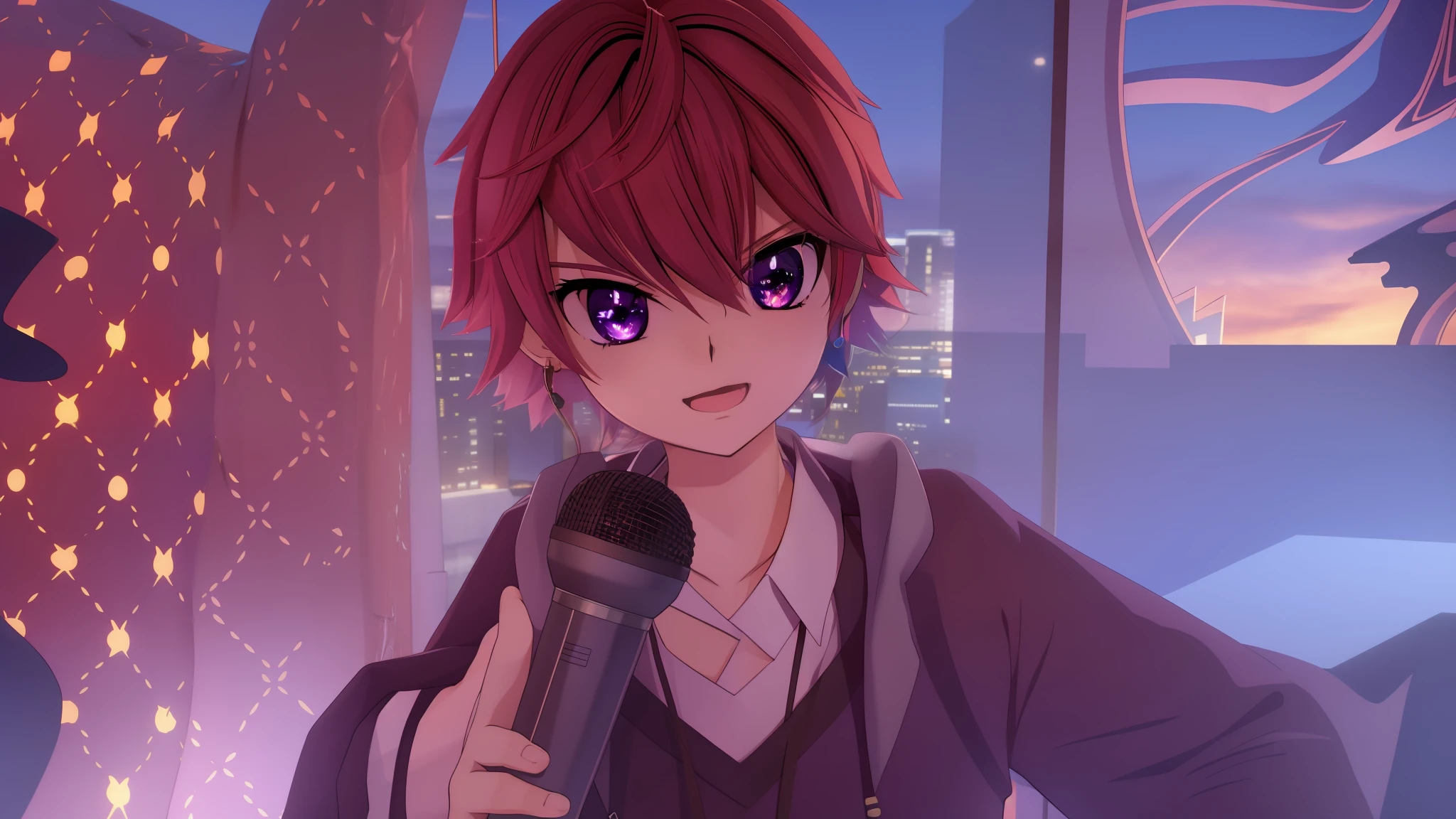 anime character with microphone in hand in front of a cityscape, also, 8k!, live2d virtual youtuber model, 8k!!, no jogo, vocalista, anime styled 3d, VRCabord, Yukky, ele tem cabelos castanhos curtos e cacheados, Yuuki Hagure, noite!!, altamente_, detalhado!!, live2d, Sayori, anime moe artstyle, e um garoto de anime.