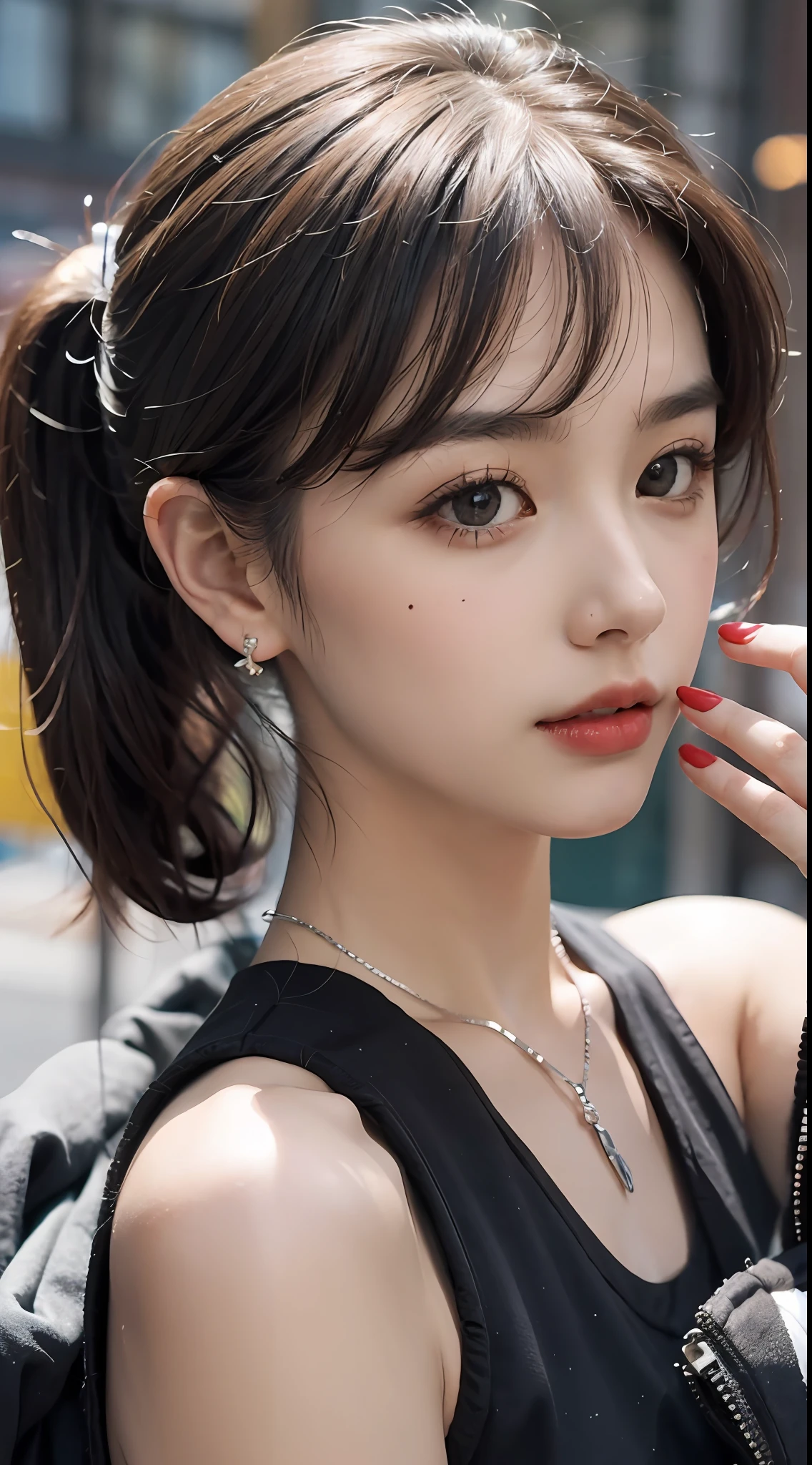 (Master peace), best qualit, 8K resolution, Realstic,, beautiful,girl,, wearing a sports vest, with a necklace, a beauty mole under the corner of the left eye, perfect figure, ((Beautiful Detailed Face)), dark short hair, (ponytails、) (oblique bangs), delicate makeup, Red Lips, shiny lips, long eyelashes, with silver earrings, bright big eyes, Eye Shadow, lying silkworm, movie lighting, a cute little girl, master works, High detail, colorful picture, light and shadow details, extremely delicate beautiful girl, Supple fair skin, Delicate Facial Features, perfect faces, stunning beauty, extreme details, realistic details, holding a mobile phone to take a selfie, on the streets of a Chinese city