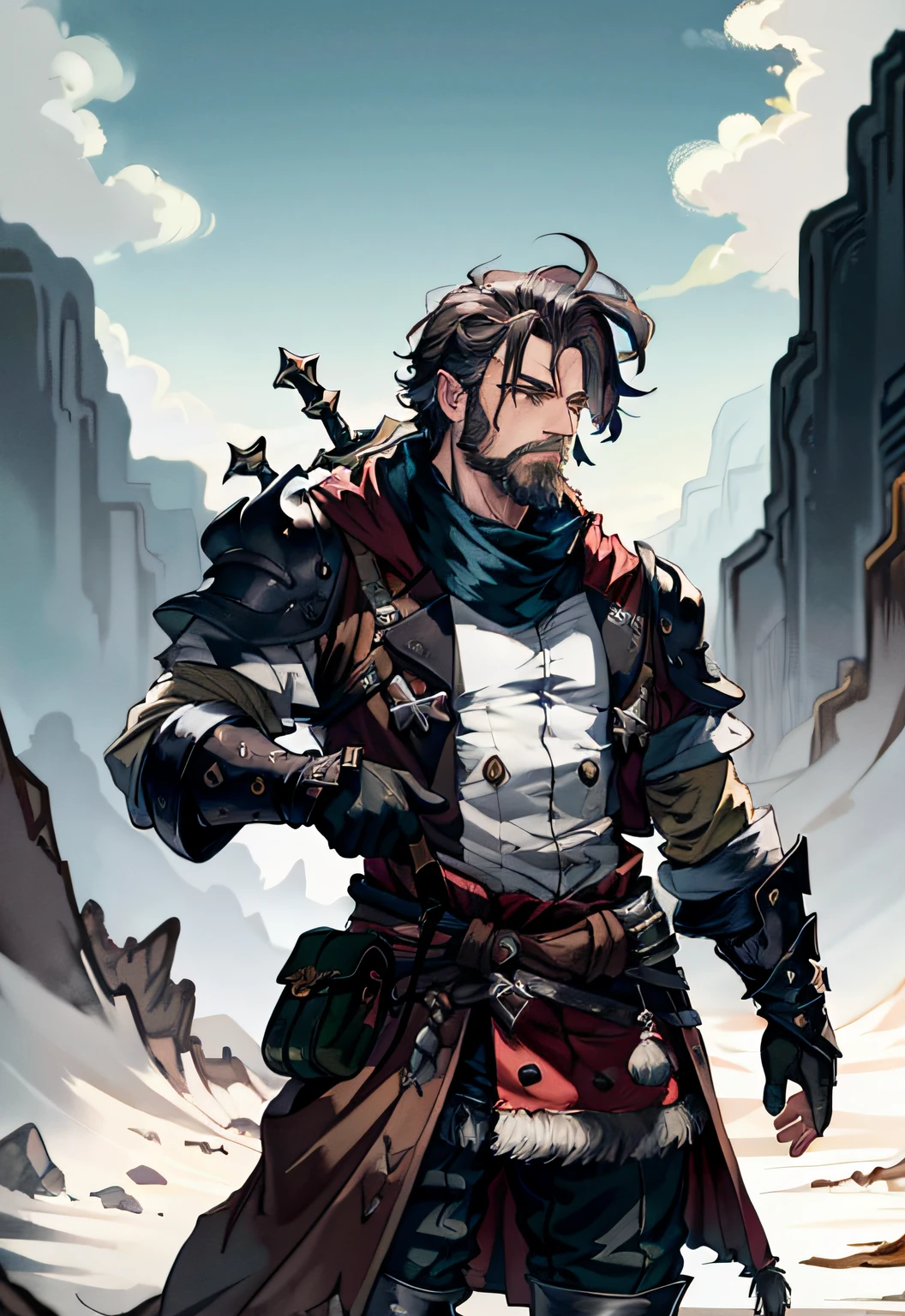 obra-prima, melhor qualidade, pintura de um homem, ((highlander, roupa intrincada, tema tundra)), alabarda longa, lonely look, Well built torn man, armadura simples negra, cabelo curto, (barba com rabo de porco), cabelo preto(black 1.0), costas curtas e lados, olhos castanhos, alto, deserto temperado, fundo intrincado, segurando a arma, alabarda na frente, action scene