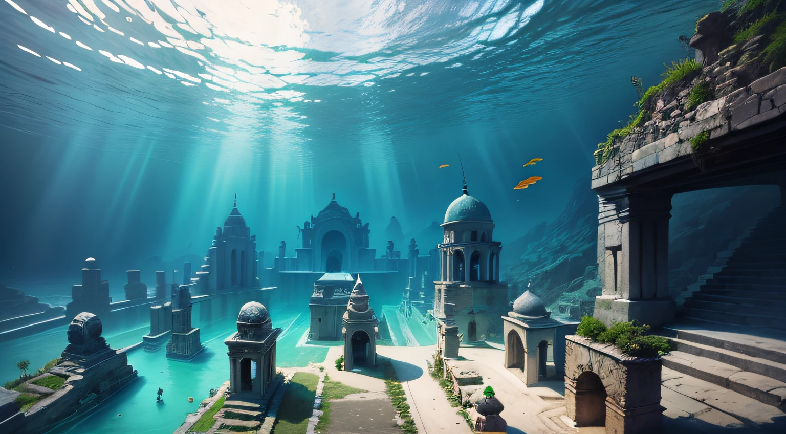 beautiful ancient city underwater, high quality, high definition