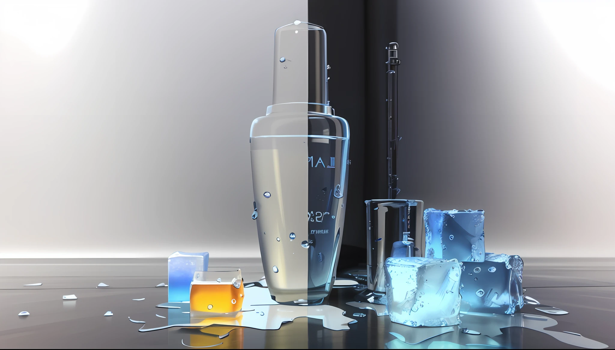 there is a bottle of liquid and ice cubes on the floor, hyper realistic detailed render, 3 d product render, 3 d fluid simulation render, hyper realistic 3 d render, blue realistic 3 d render, raytraced render, dramatic product photography, highly detailed perfect render, hyperrealistic 3 d render, high poly vray render, 3 d hyper realistic render