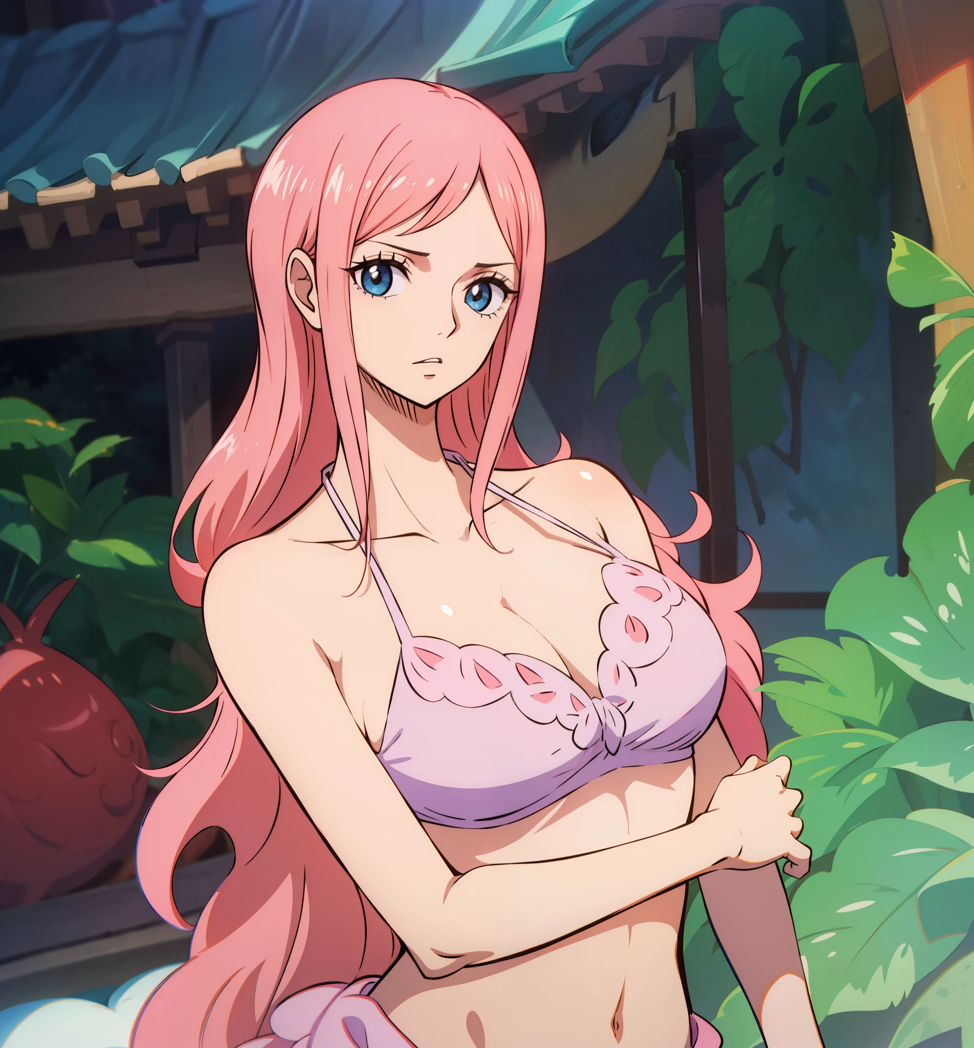 A closeup of a woman in a bikini, us one piece, in a piece, Erza Scarlet como uma pessoa real, escamas cobrindo seu peito, anime sedutora, ((ruiva)), olhos verdes, obra prima, qualidade boa, excelente qualidade, 4k, sem defeitos, sharp image, One Piece