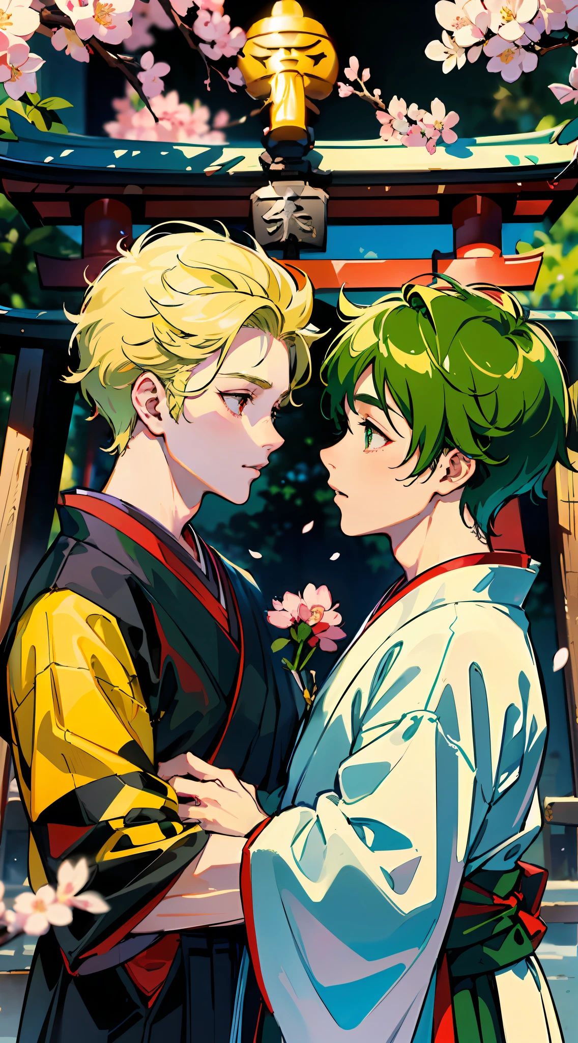 (Representative work:1.4、best qualit、8k)、(cool boy、Black hakama with blonde spiked hair and red eyes:1.1)、(japanese shrine:1.3)、Cherry Blossoms。