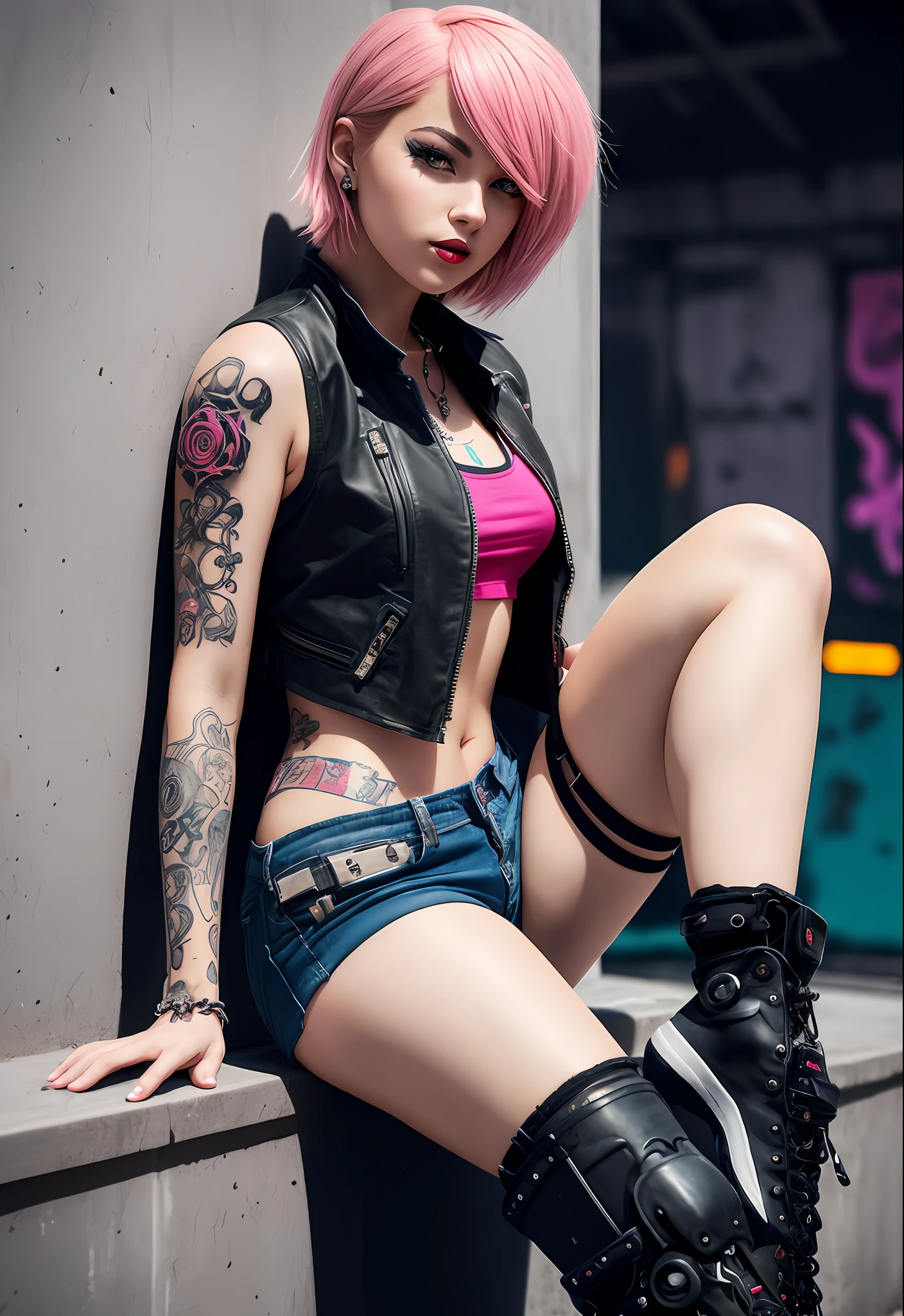 A woman with pink hair sits on the wall,cyberpunk beautiful girl, digital cyberpunk anime art, Teenage cyberpunk cyborg, Neon punk, Miss Seiburg,Tattered little vest,Ragged shorts, High quality cyberpunk art,Electronic tattoos, modern cyberpunk anime,realistic detail photography