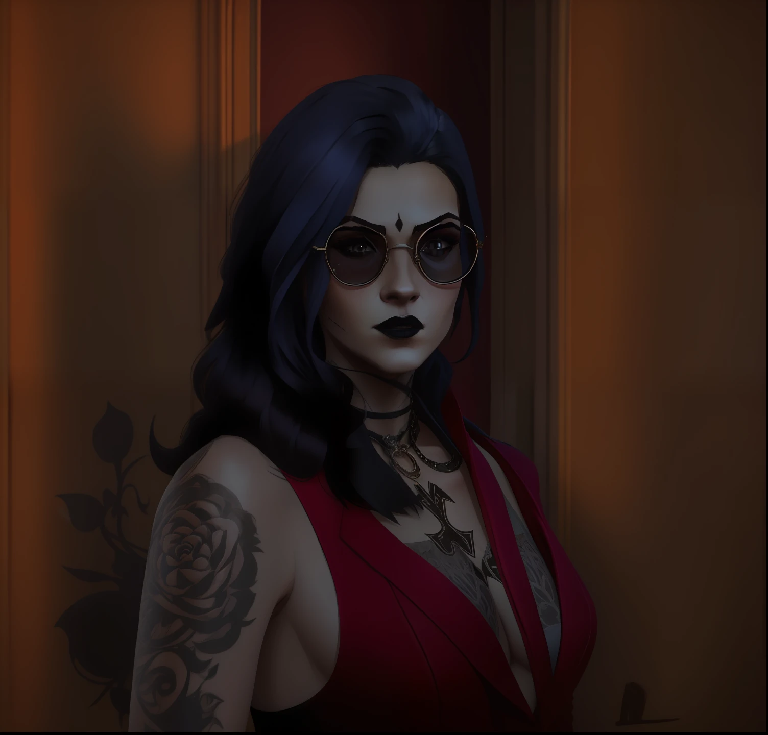 There is a woman with a black top and gothic tattoos, wearing round black glasses,goth vibe, goth girl, gothic horror vibes, goth woman,, batom preto, cabelos cinzas, foto ultra realista, detalhada, 8k, fundo sombrio e escuro