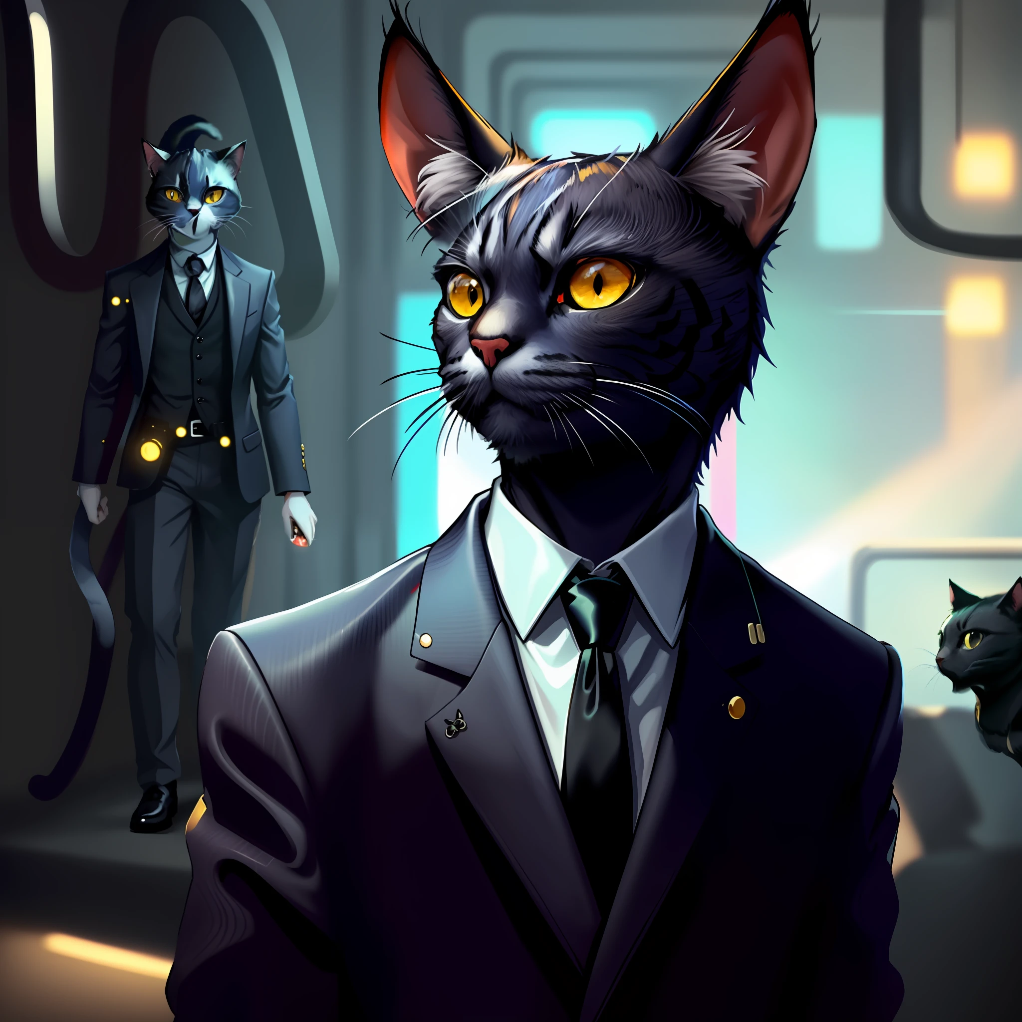 there is a cat in a suit and tie with a black tie, gato cyberpunk, Gatopomorphic Antrum, gato ciborgue, Cybercat, human cat hybrid, gato do vazio, Antro Gato, um Antro Gato, anthropomorphic female cat, Beeple e Jeremias Ketner, Tecnologia batida. Neo Estilo Preto, um gato ciborgue
