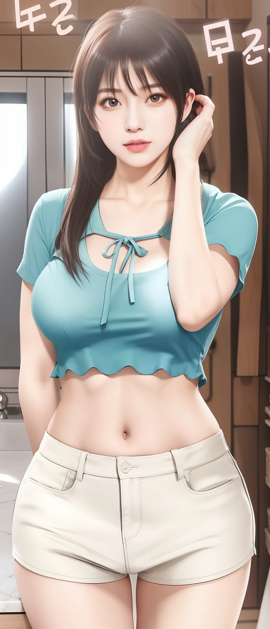 girl with short hair and blue shirt posing in a kitchen, seductive girl, nico robin, revealing clothes, oppai, tifa lockhart, beautiful alluring woman, beautiful alluring , tifa, ecchi style, attractive girl, sie boob, touching her clothes, realistic shaded perfect body